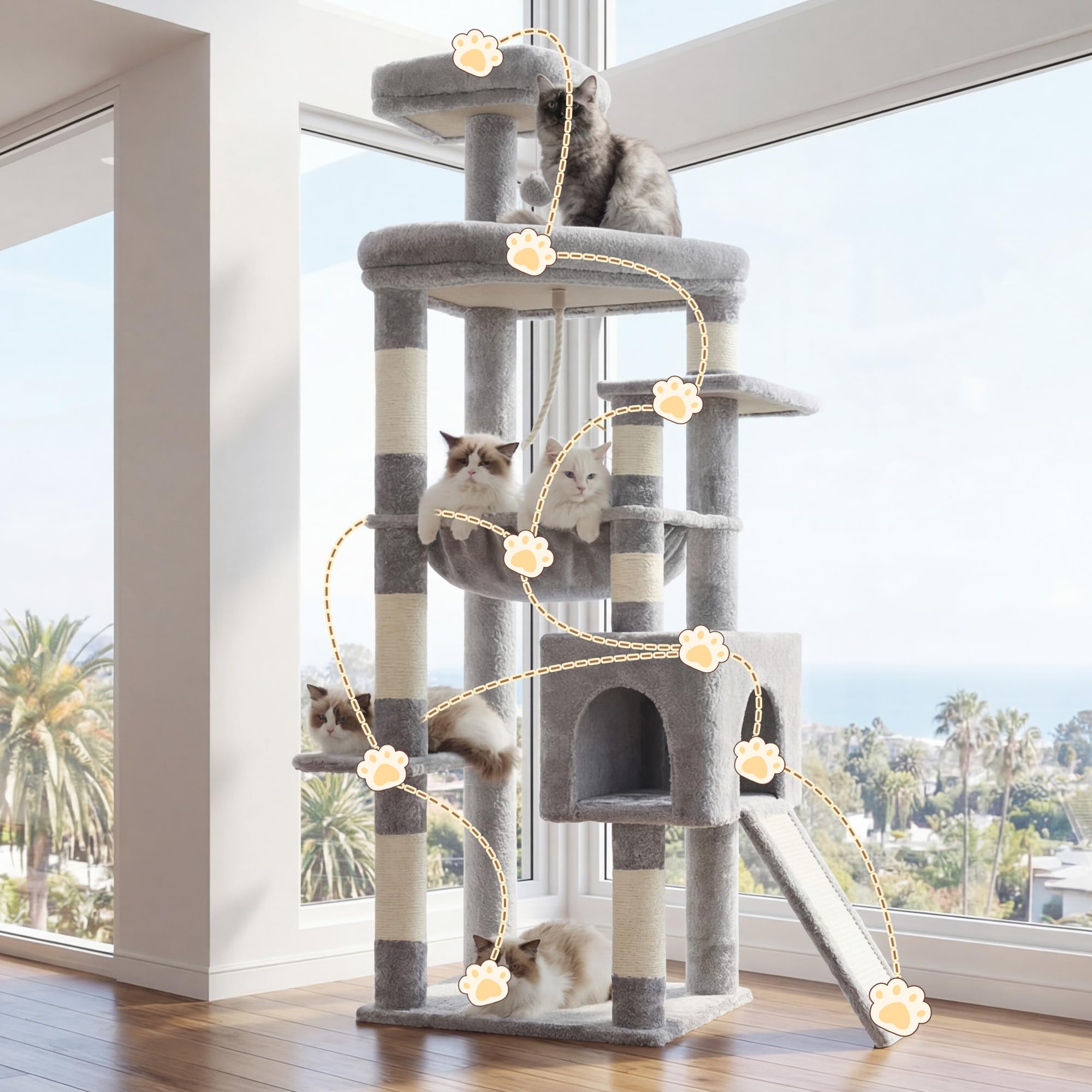 Heybly Albero Tiragraffi per Gatti Robusto 163 cm, Struttura Allargata con Grandi Piattaforme. Graffioio in Sisal Integrato, Amaca XXL e Cuccia. Mobile Design Stabile per Gatti, Grigio Chiaro HCT027W