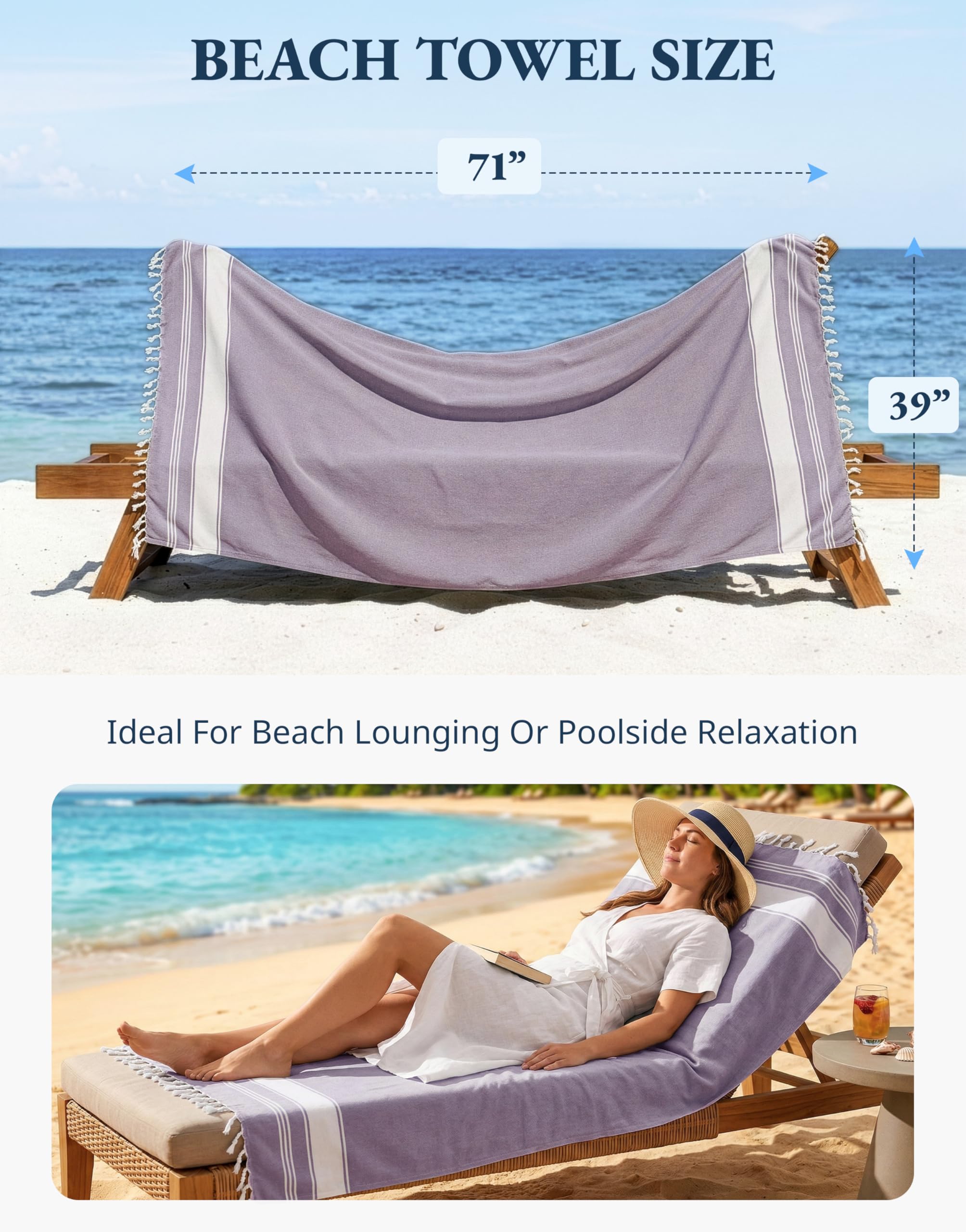 Lane Linen Lot de 4 serviettes de plage surdimensionnées – Serviettes turques pré-lavées, à séchage rapide pour voyage, grandes serviettes de piscine, 99,1 x 180,3 cm – Pour pause journée