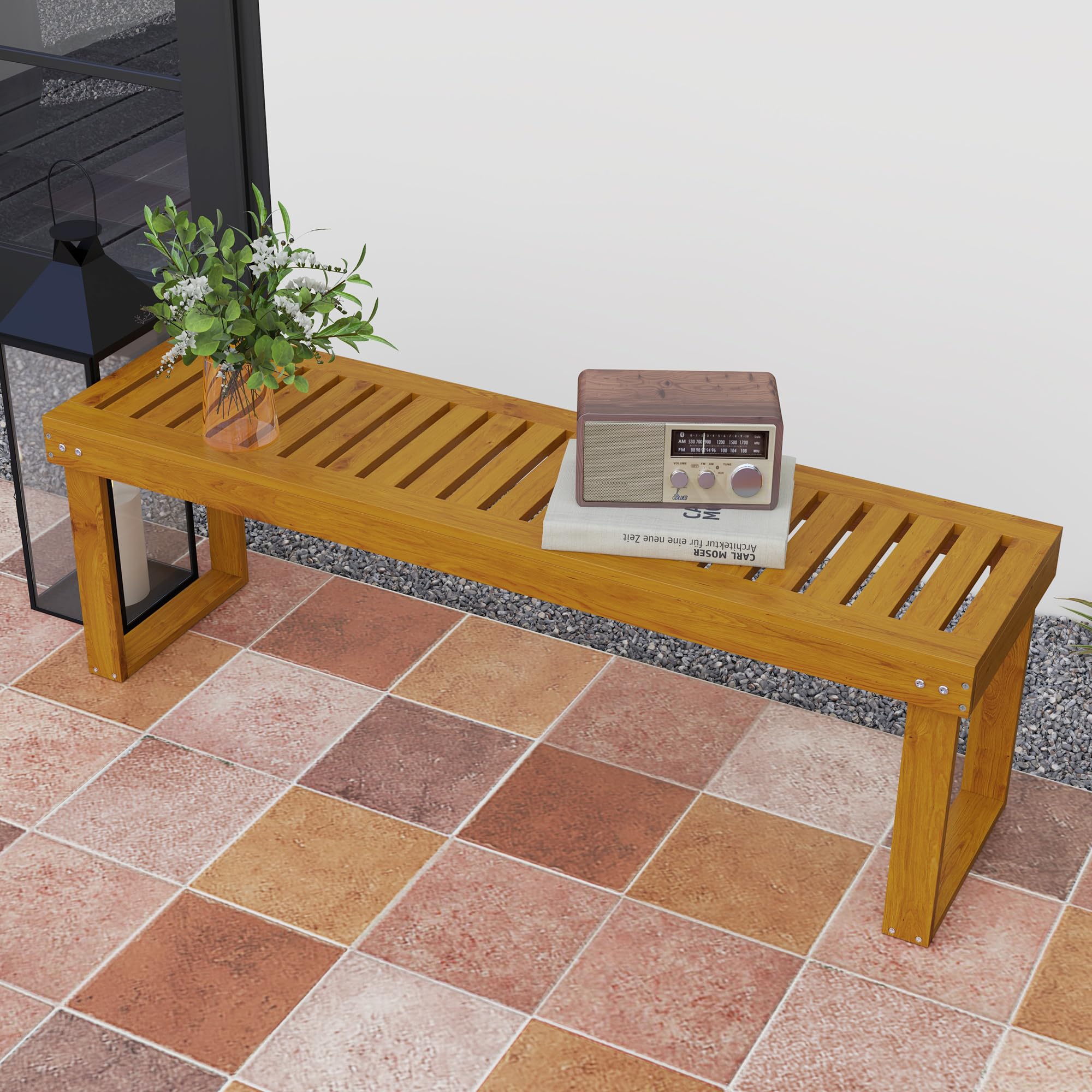 Outsunny Banc de Jardin, Banc en Bois de pin 2 Places, Banquette de Jardin, Assise à Lattes, 132 x 34 x 43 cm, Bois Naturel