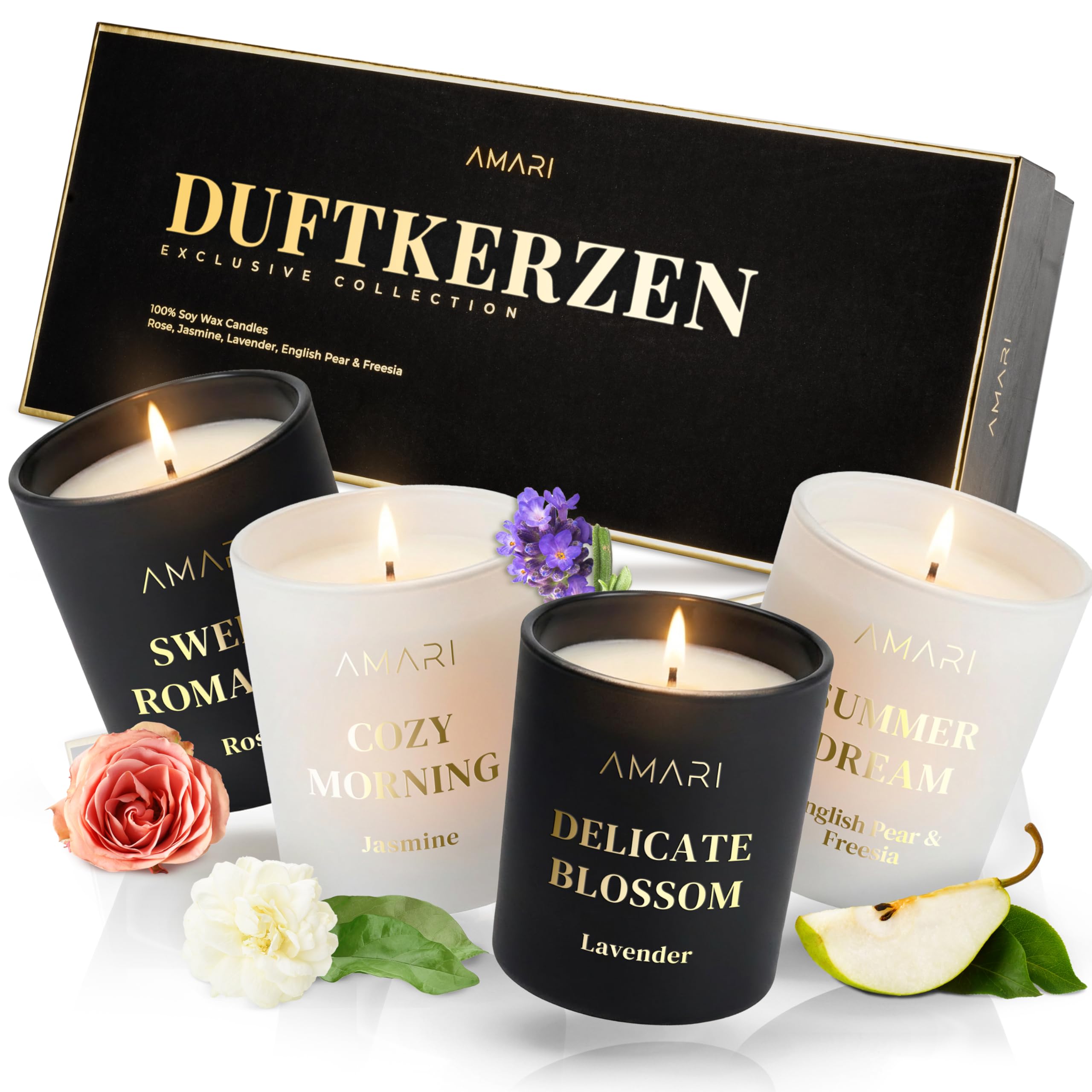 AMARI ® Duftkerzen Geschenkset Schwarz als Weihnachtsgeschenke- 4er Kerzenset - Scented Candle - Kerzen Geschenkset Frauen - Duft Kerzen - Duftkerzen im Glas