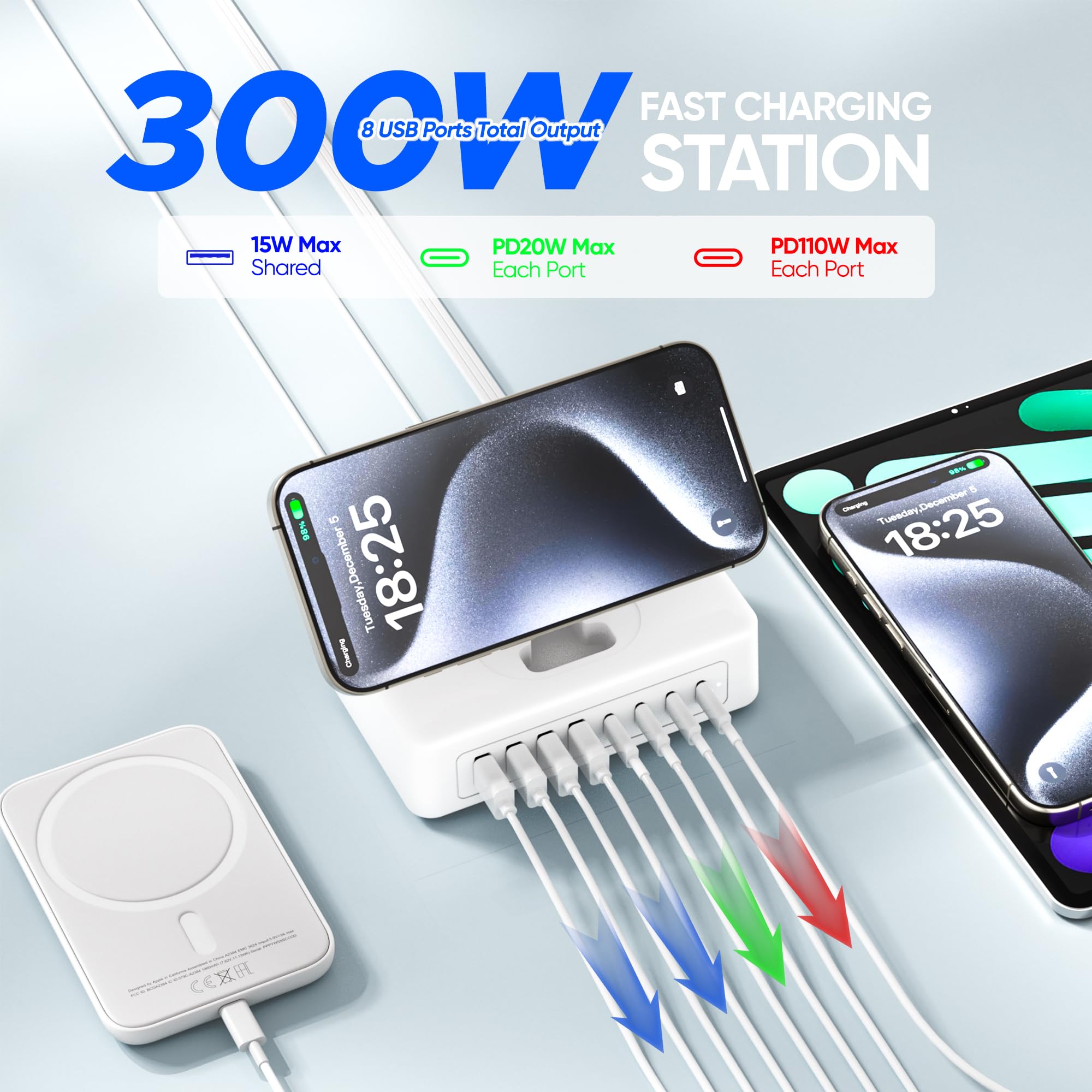 11 w 1 listwa zasilająca USB C, blok ładowarki USB C 160 W, 2 gniazda AC, 4USB-A, 4USB-C do MacBooka, iPhone'a 16/15/14, płaski kabel 1,5 m, ładowarka do komputera