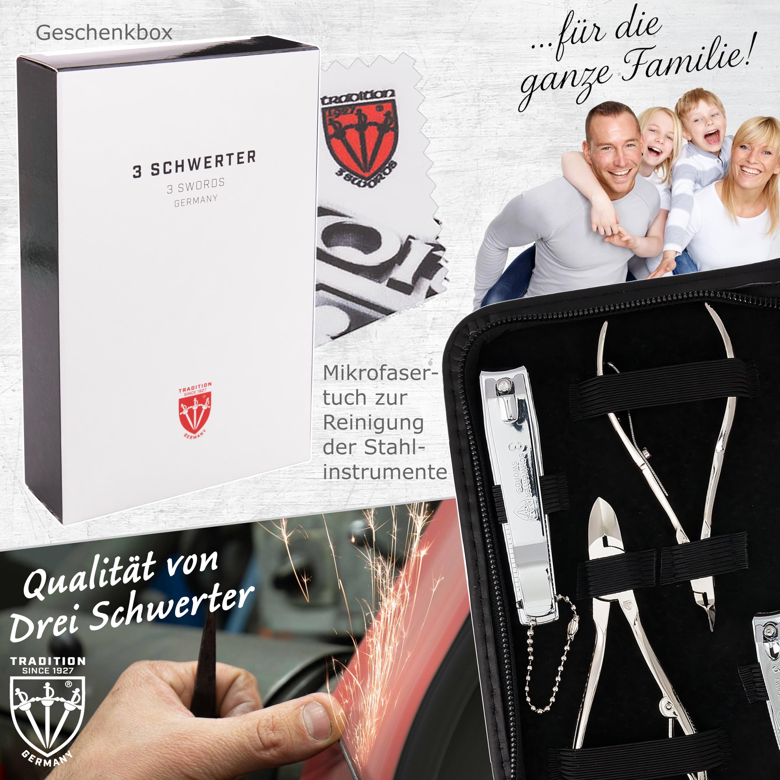 DREI SCHWERTER - Germany Spezia Kit de manucure 11 pièces avec étui en cuir véritable noir | Contenu : ciseaux à cuticules, ciseaux à ongles, pince à ongles, coupe-ongles, pince à cuticules, pince à