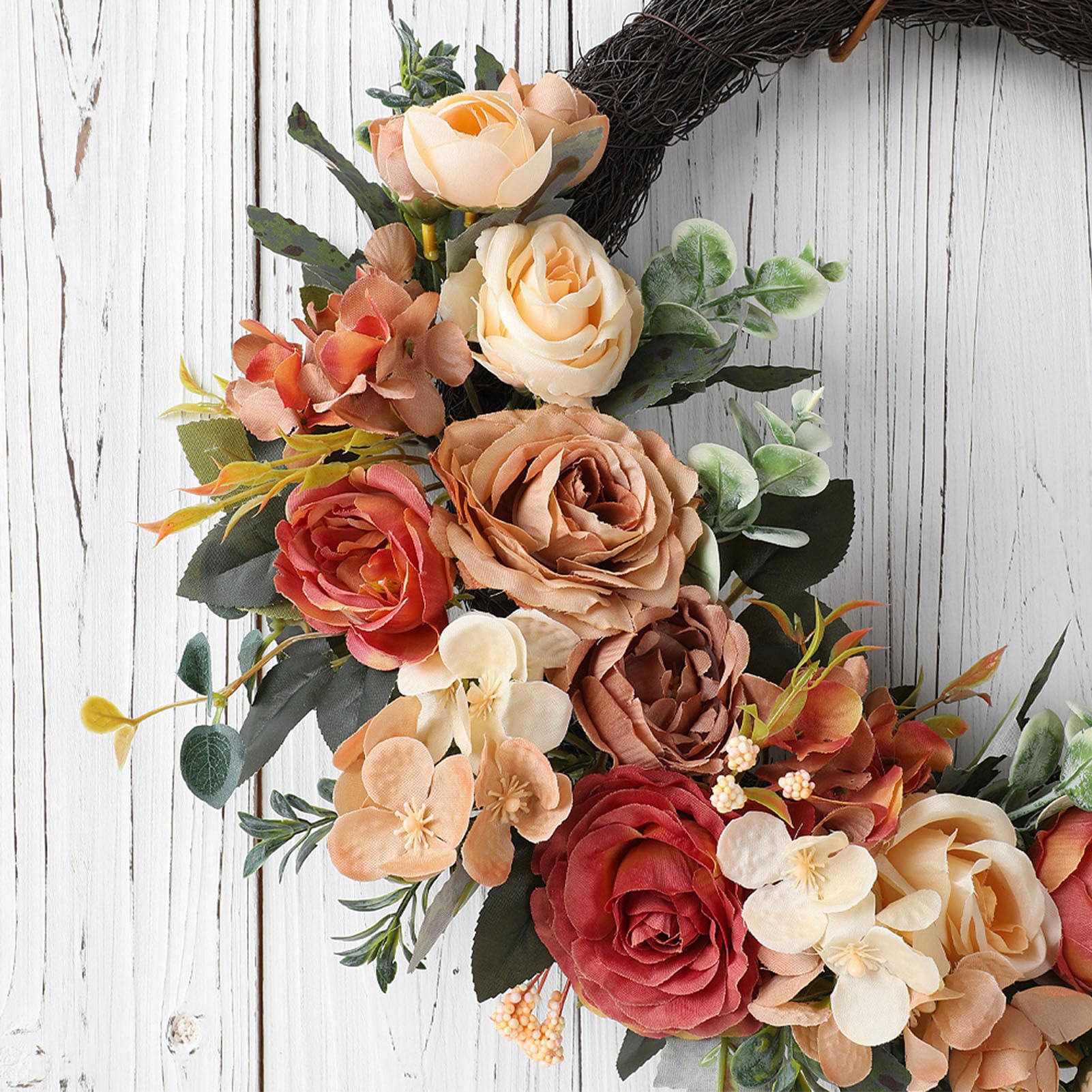 RIZGHWOY Ghirlanda di Fiori Artificiali, con Realistica Composizione Floreale di Rose di Seta Decorazione Rustica da Appendere Alla Porta Primaverile Estiva per il Matrimonio (Ghirlanda di rose