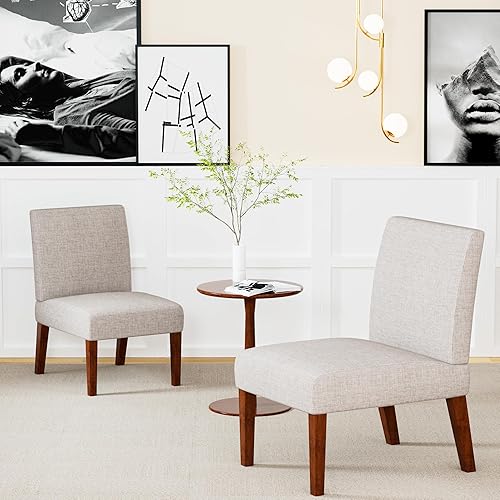 Juego de 2 sillas decorativas con mesa a juego, sillas laterales tapizadas de lino de madera maciza para sala de estar, dormitorio, sala de espera,