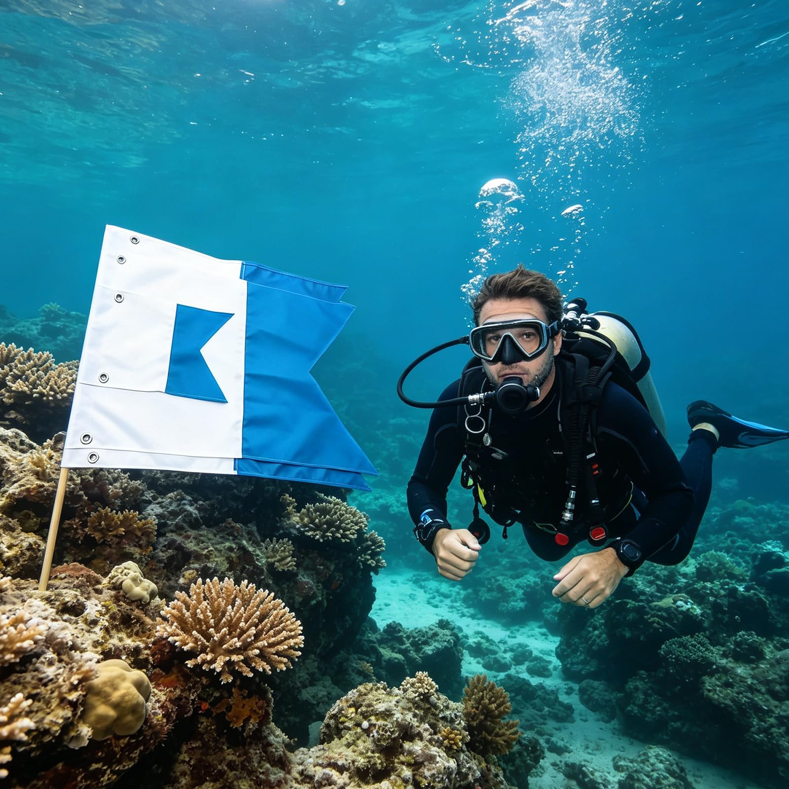Generisch Set de banderas flotantes de buceo, 35 x 25 cm, 75 x 60 cm, 80 x 50 cm, tamaño azul y blanco, para actividades marinas y seguridad en la piscina, bandera de seguridad para snorkel