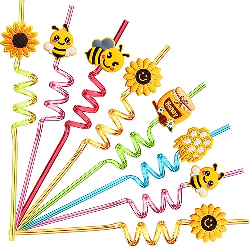24 pajitas de abeja, girasol, miel, regalos para niños, suministros de fiesta de cumpleaños con 2 cepillos de limpieza