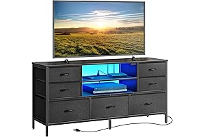 Dresser for Bedroom with Power Outlets and LED Lights, TV Stand Dresser with Open Shelf