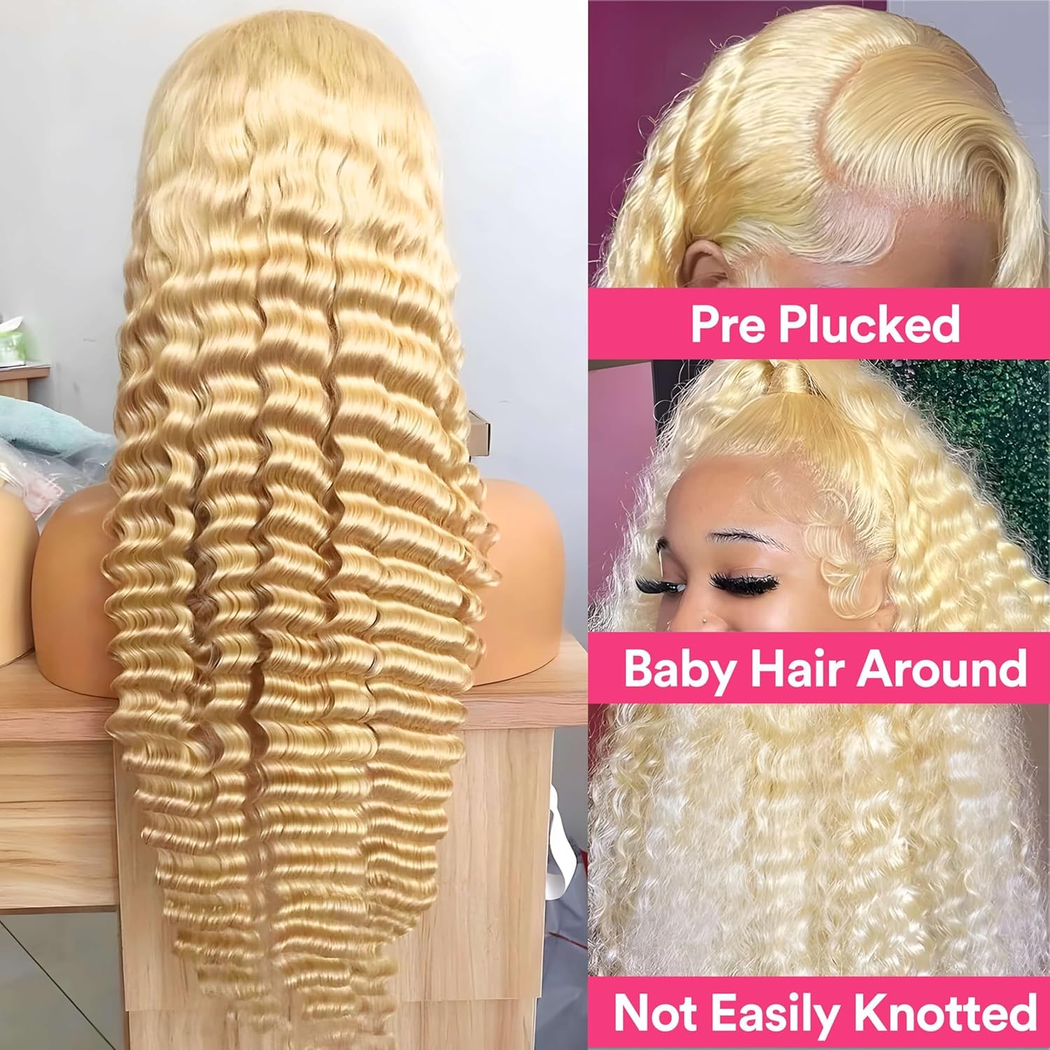 38 Inch 613 Lace Front Wig Human Hair 13x6 Blonde Deep Wave HD Lace Frontal Wig 200% Density Pre-Plucked with Baby Hair for Women, Long Blonde Curly Water Wave Wig