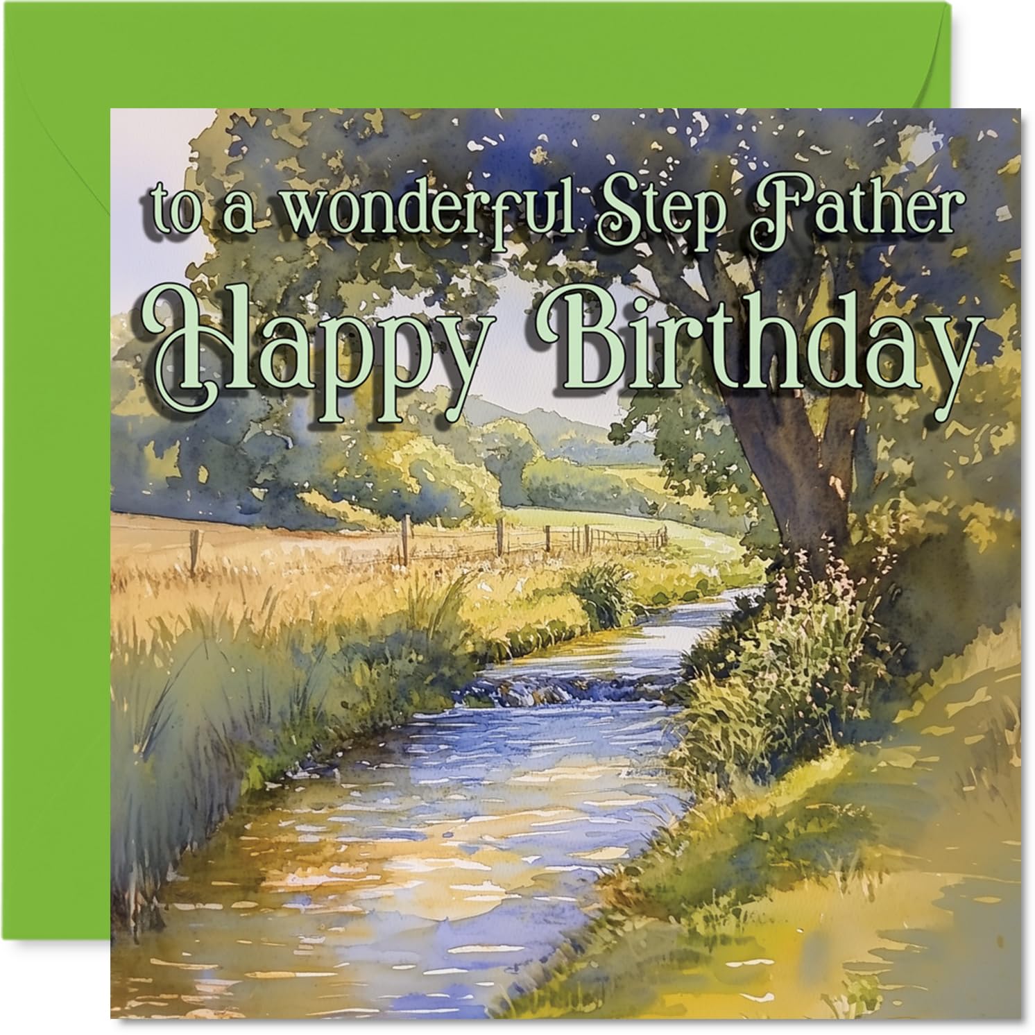 Step Father Birthday Card - Outdoor Watercolor River - Happy Birthday Card for Step Father from Son Daughter, 145mm Outdoor Watercolor Pond Bday Greeting Cards