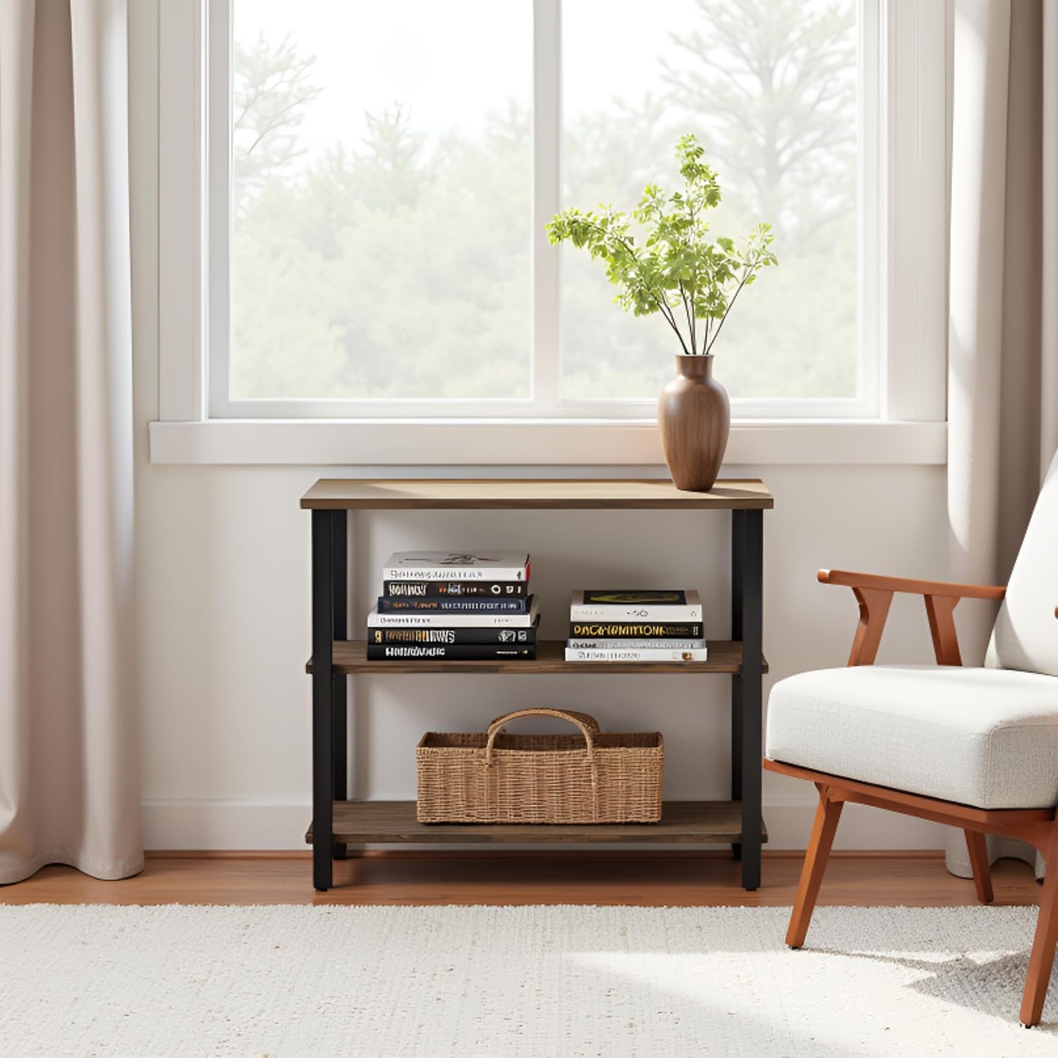 Alaterre Furniture Pomona Living Room Collection – 3-Tier Solid Wood Under-Window Bookshelf with Metal Frame – Rustic Industrial Modern Living Room Bookcase (Rustic Brown)