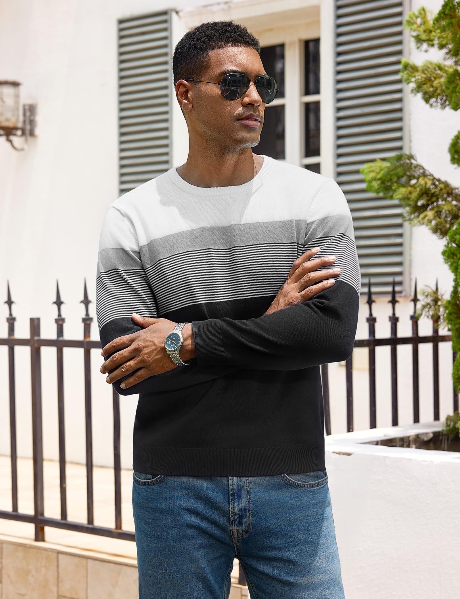 iClosam Pull Col Rond Homme rayé Pulls à Manches Longues tricoté Pullover Fin pour Hommes
