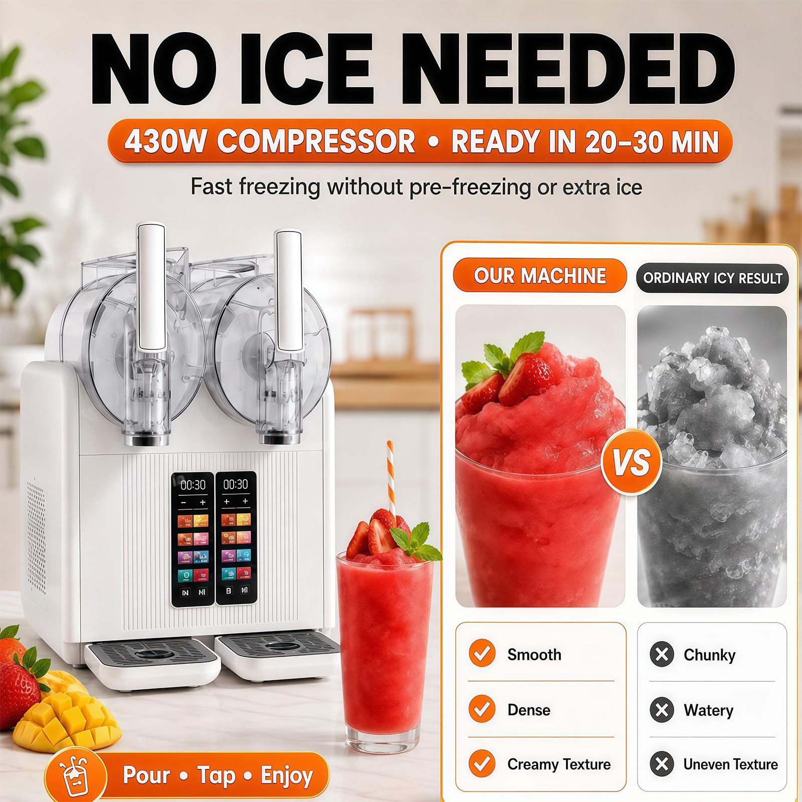 Máquina de Granizados Profesional y Helado Soft 2 en 1, Granizadora de Slush de Doble Tanque con Pantalla Táctil, Dispensador para Sorbetes, Yogur Helado y Bebidas Frías White