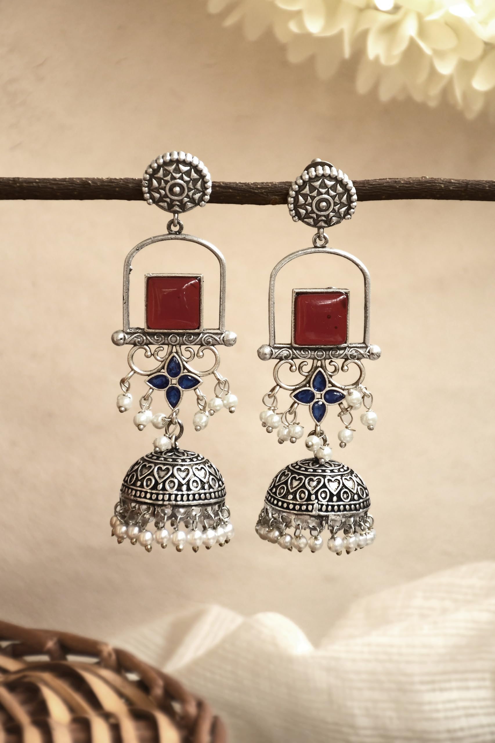 Oxidized Silver Toned Long Dangler Jhumka Earrings-image-35