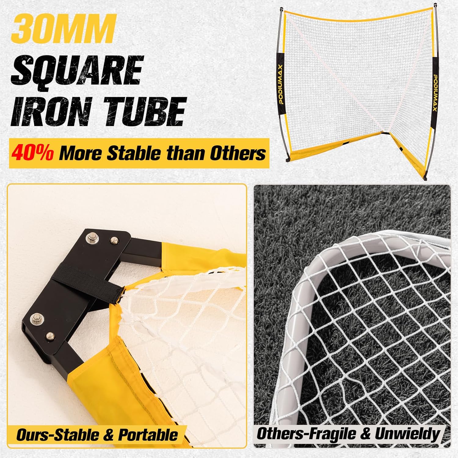 PodiuMax 16x10FT Barricade Backstop Net, Baseball Lacrosse Barrier net with Upgrade Steel Frame + Lacrosse Goal 6x6x7FT, with Upgrade Square Steel Frame Base