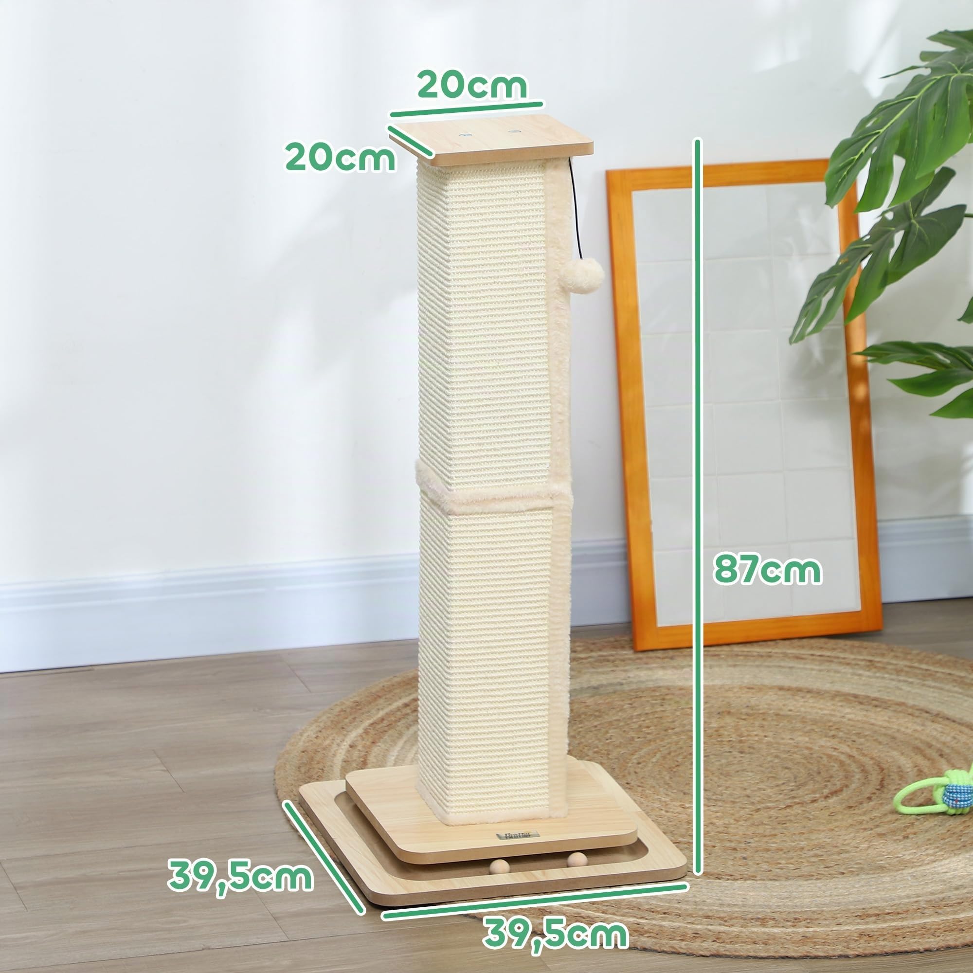 PawHut Poste Rascador para Gatos 87 cm con Bola Colgante y Sisal Roble | Rascador para Gatos, Arañador, Juguete de Pelota de Pista