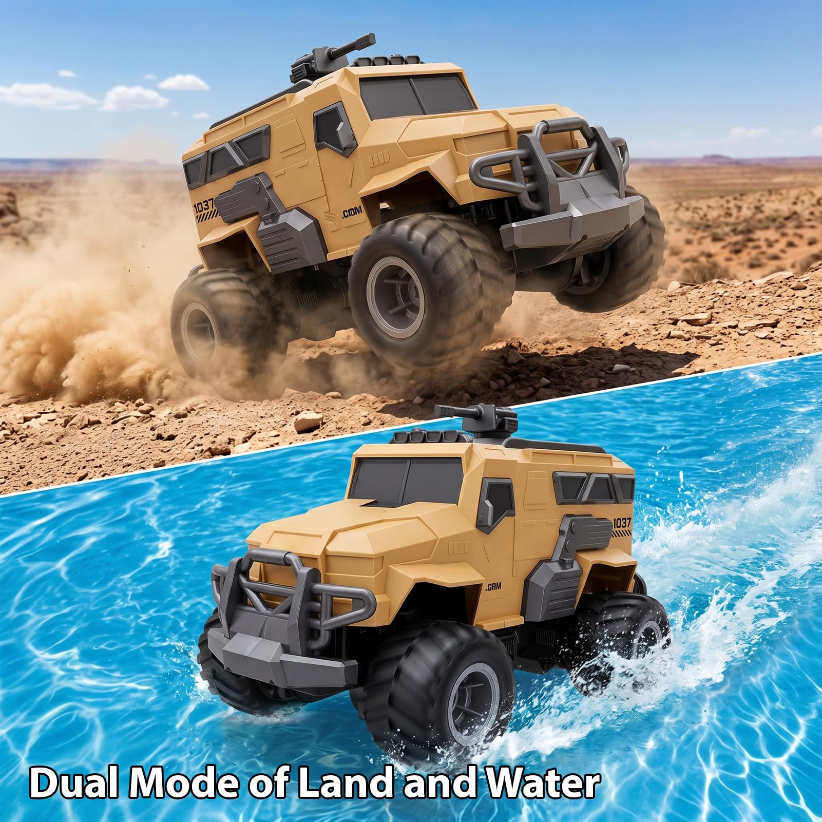 2,4 G RC Truck 4WD Fernbedienung Auto Wasserdichtes Geländefahrzeug Dual Mode Land und Wasser mit 360 Rotation 2 Wiederaufladbare Batterien 7,4 V 900 MAh für Outdoor-Rennen (Khaki)