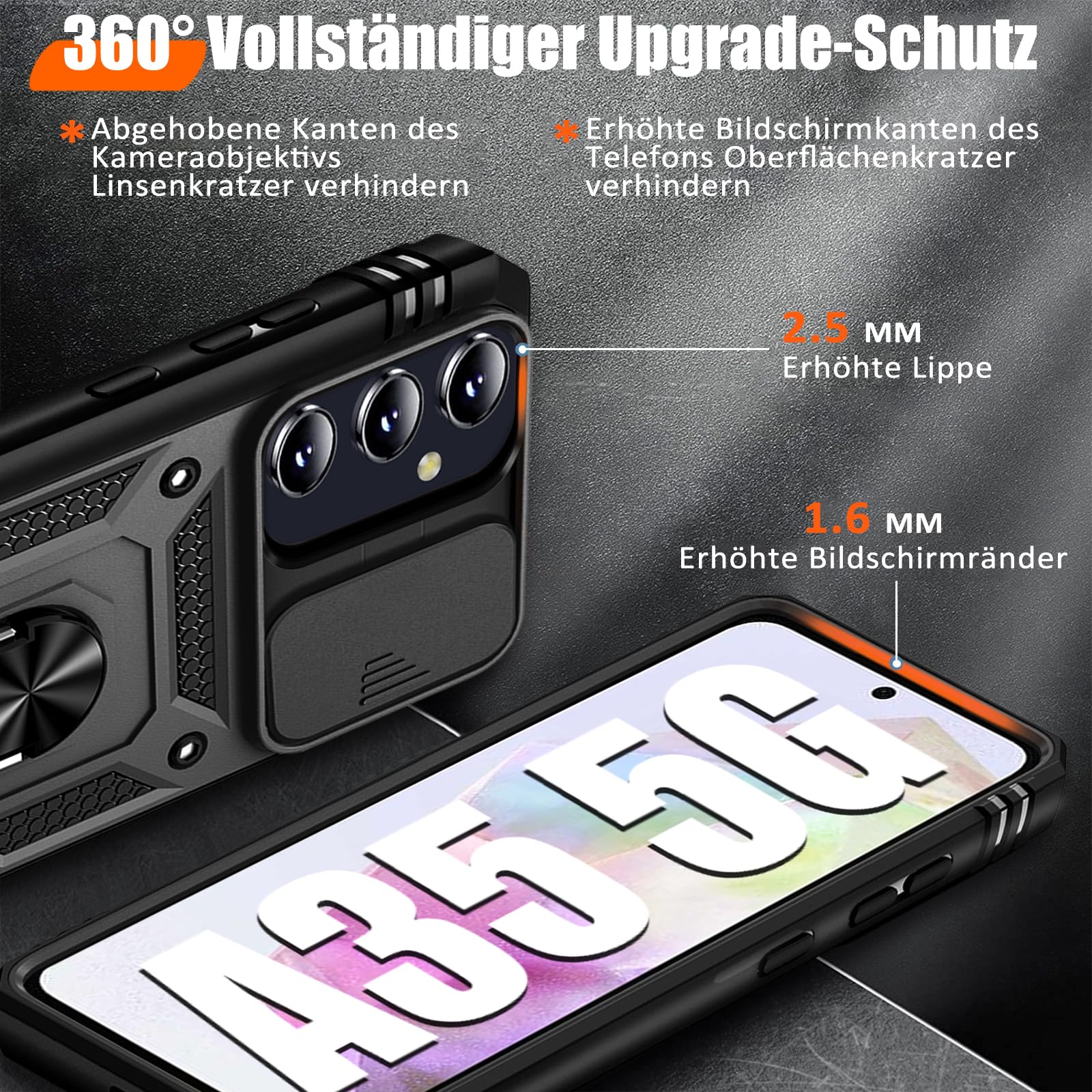Giyer Cover per Samsung Galaxy A35 5G Custodia con Vetro Temperato, Antiurto Grado Militare 360° Anello Supporto Armor Bumper Case, Antiurto per Samsung A35 5G Cover (Nero)
