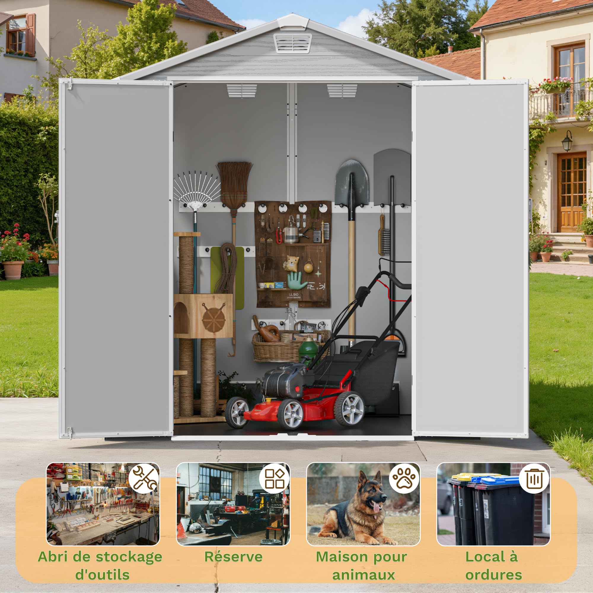 Devoko Abri de Jardin extérieur en Plastique avec Double Portes verrouillables et Toit en apex, Abri à Outils pour Patio, Jardin, abri pour vélo