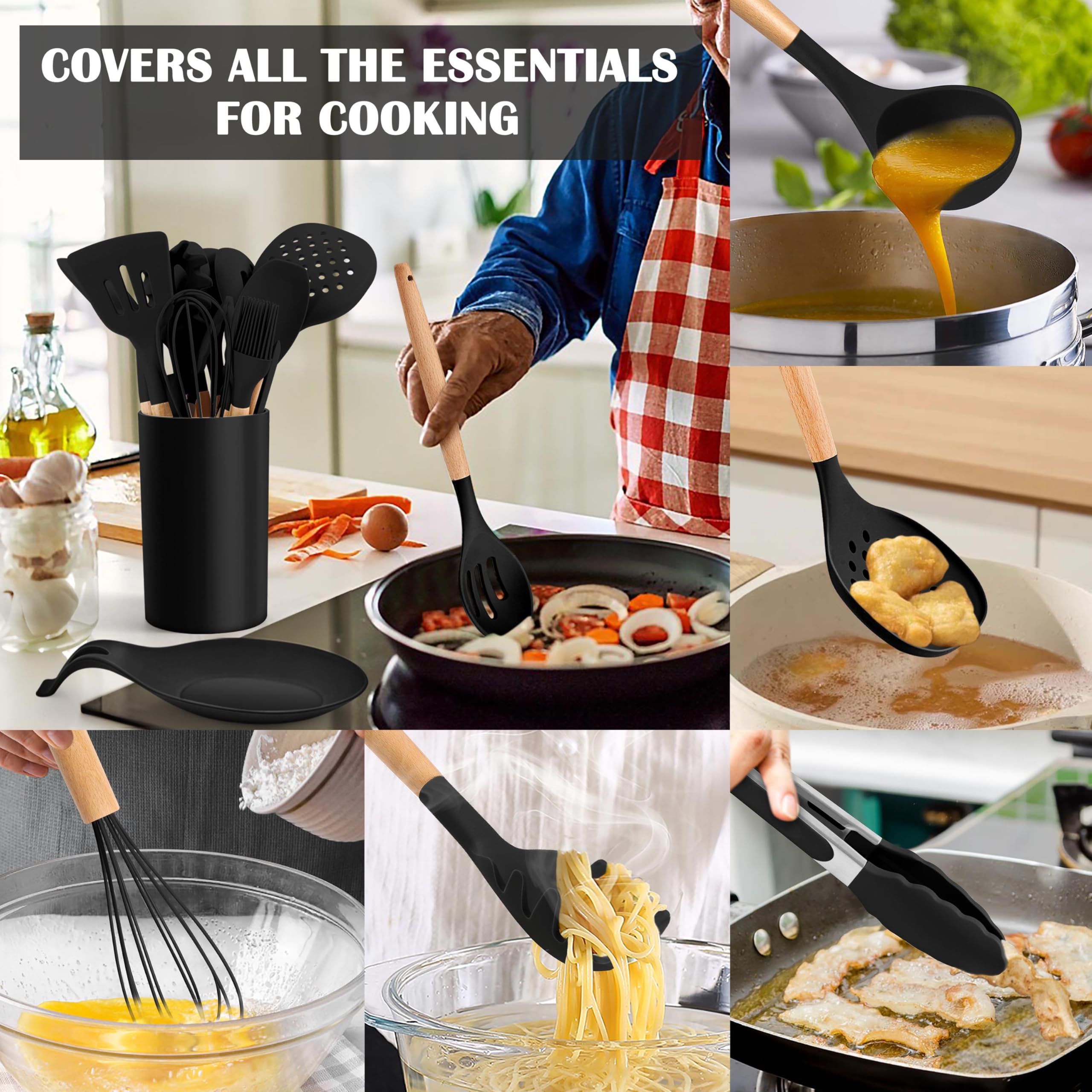 E-far Juego de utensilios de cocina negros con soporte, juego de utensilios de cocina de silicona de 25 piezas con mango de madera para utensilios de cocina antiadherentes, herramienta de cocina