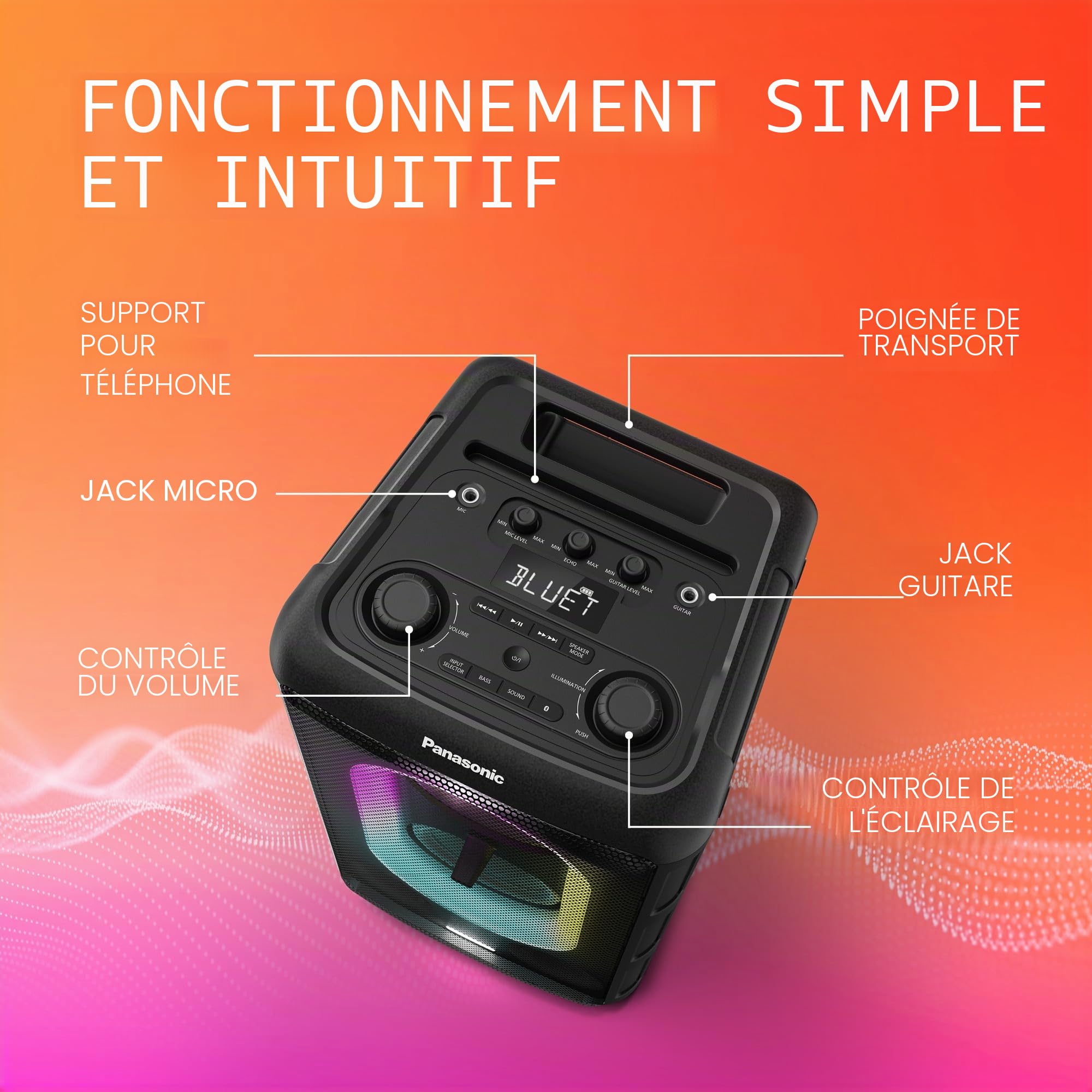 Panasonic SC-BMAX10E-K Enceinte de Fête Portable avec Bluetooth, Lumières Intégrées, 150W, USB, Entrée Optique pour TV, Entrées Guitare et Micro pour Karaoké, Noir