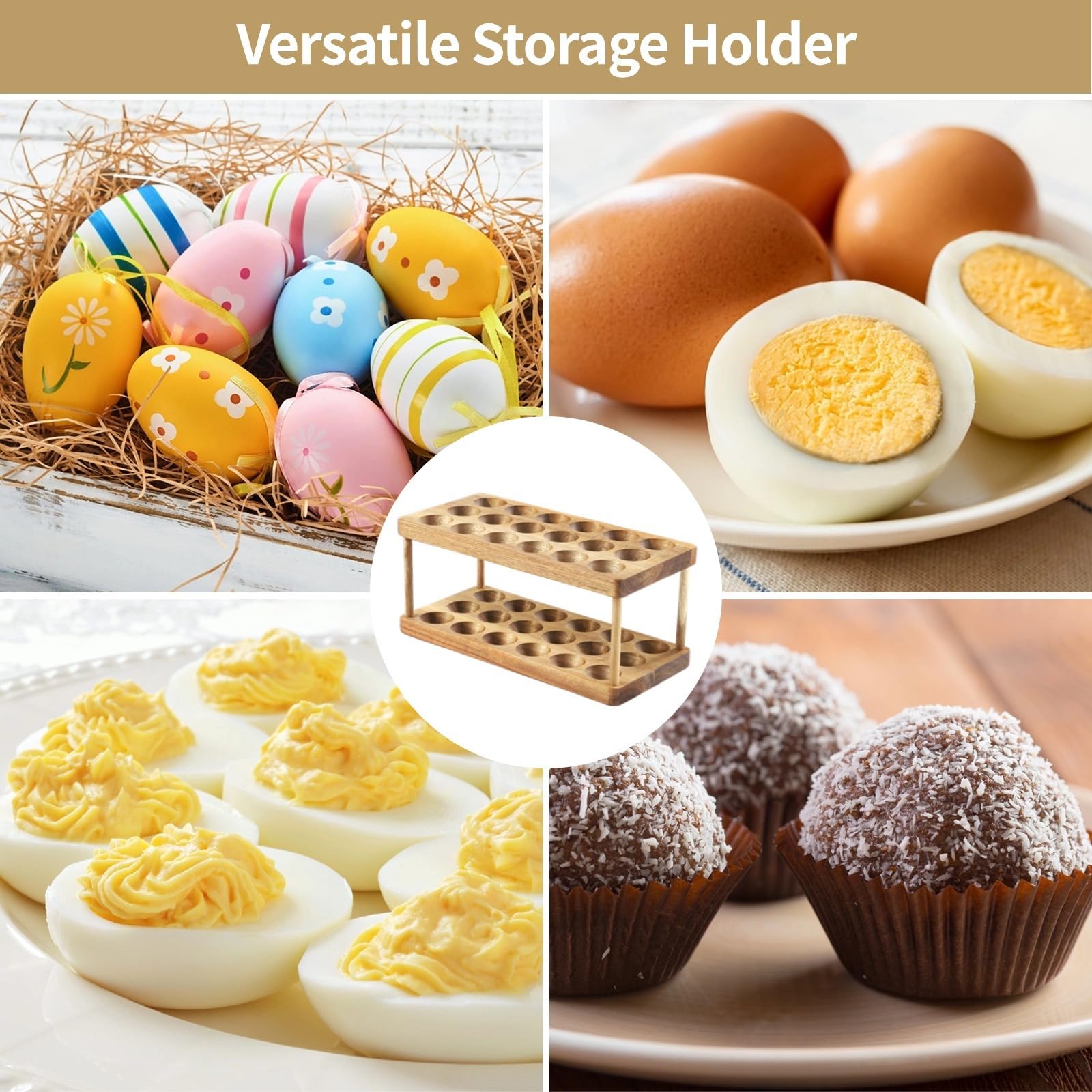 Soporte para huevos de madera de 2 niveles para 36 huevos, organizador de huevos apilable, estante para huevos para nevera