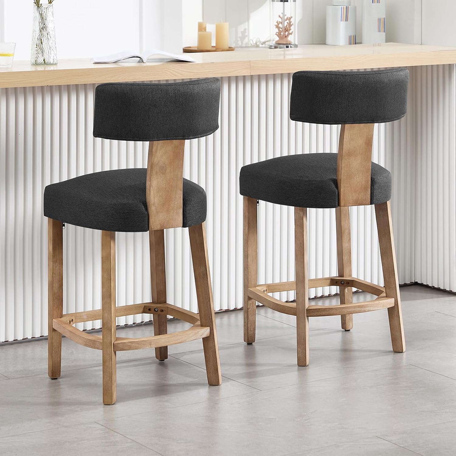 Wooden Counter Stools Set of 4, Mid Century Modern Barstools with Back and Solid Wood Legs, Farmhouse Upholstered Linen Kitchen Stools Countertop Bar Chairs, Dark Grey