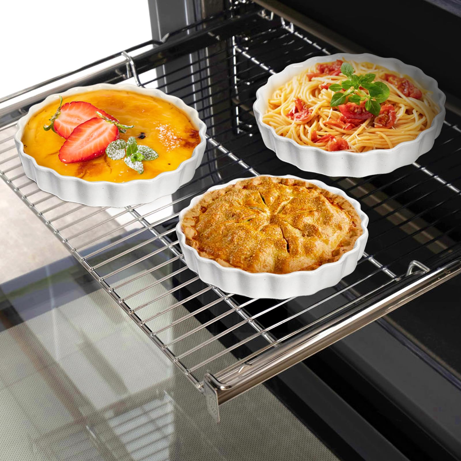 Foraineam Paquete de 10 ramequines de crema brulee de 8 onzas, platos redondos estriados para quiche de 6 pulgadas, bandeja de porcelana para hornear poco profunda, apta para horno para hornear
