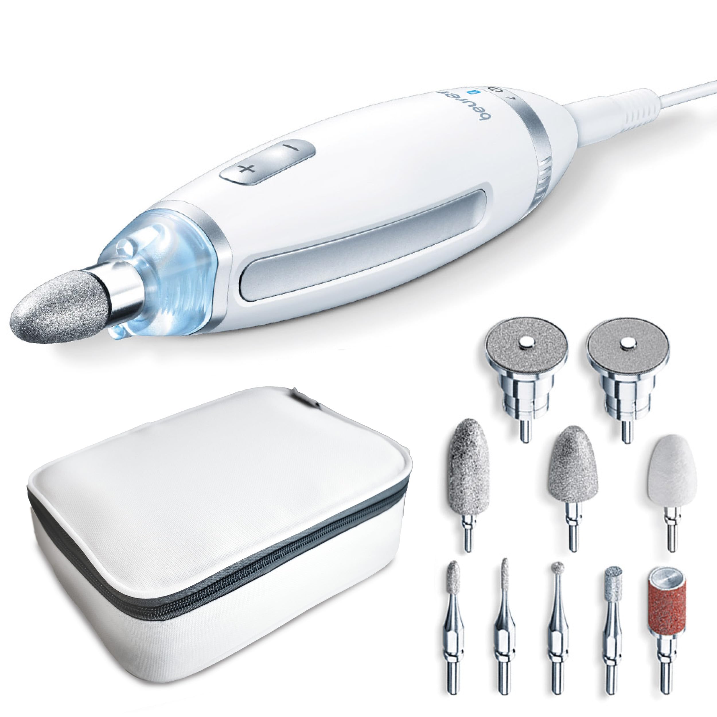 Beurer MP 62 Maniküre-/ Pediküre-Set, elektrische Nagelfeile mit 10 hochwertigen Nagelpflege-Aufsätzen, LED Licht, Nagelfräser mit stufenloser Geschwindigkeitsregelung, mit Aufbewahrungstasche, Weiß