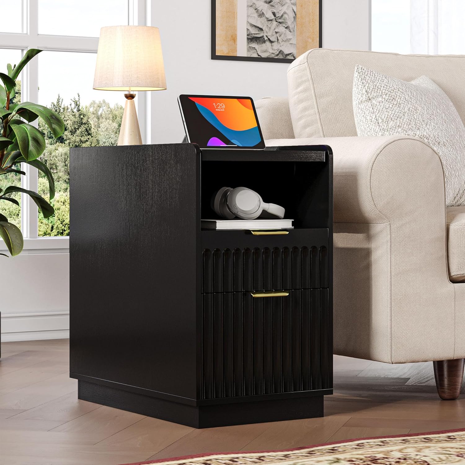 iPormis Fluted End Table with Charging Station, 2 Drawers Narrow Side Table for Living Room, Farmhouse Night Stand with Open Shelf, Wooden Bedside Table for Bedroom Small Space, Walnut