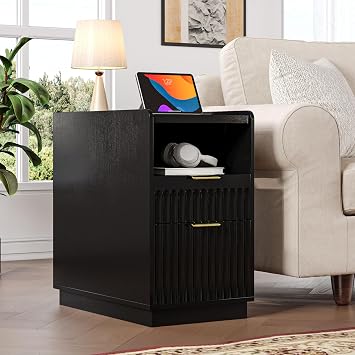 iPormis Fluted Narrow End Table with Charging, 2-Drawer Night Stand, Black