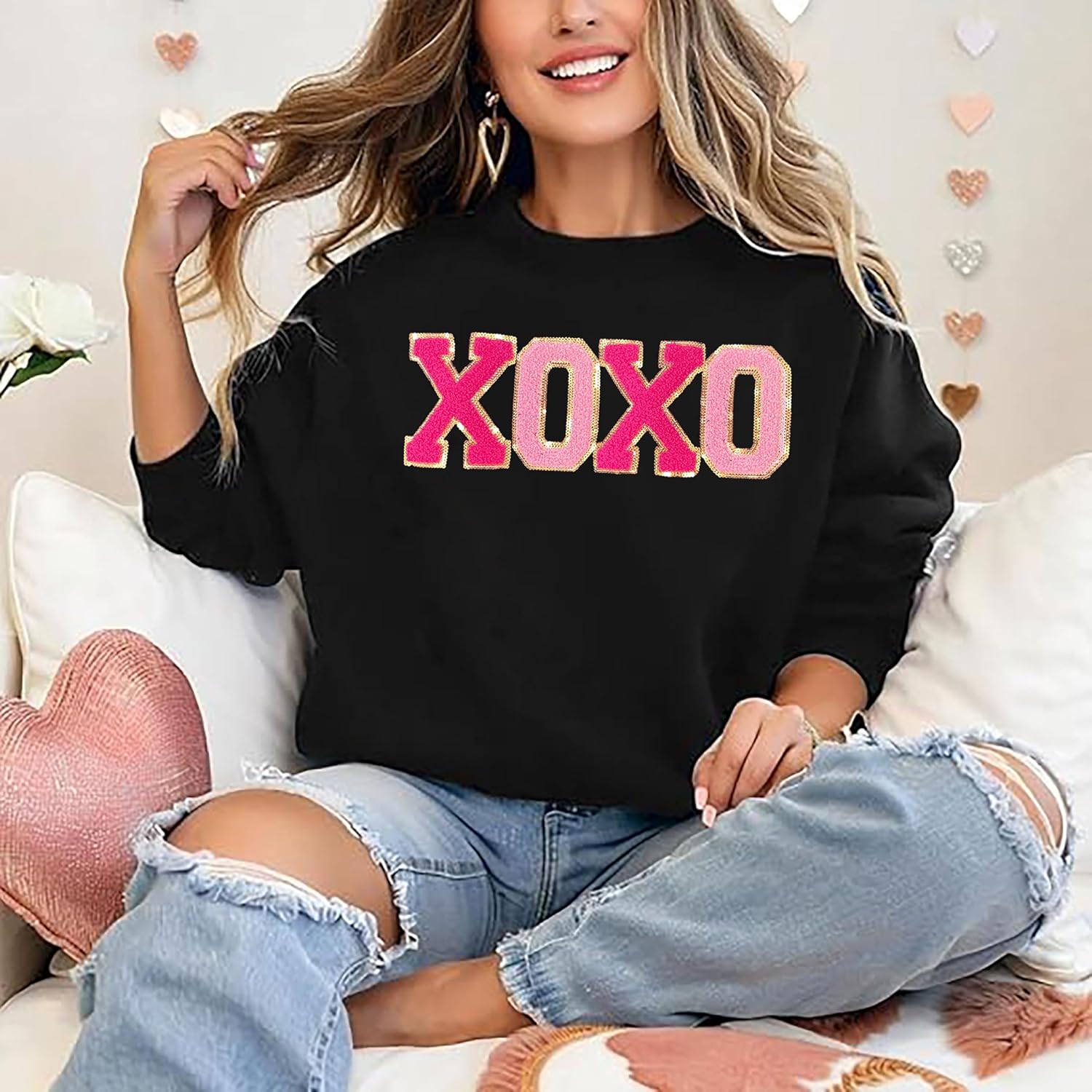 Valentine Sweatshirt Women Glitter XOXO Chenille Patch Pullover Top Novelty Valentine's Day Long Sleeve Gift Top - Image 6
