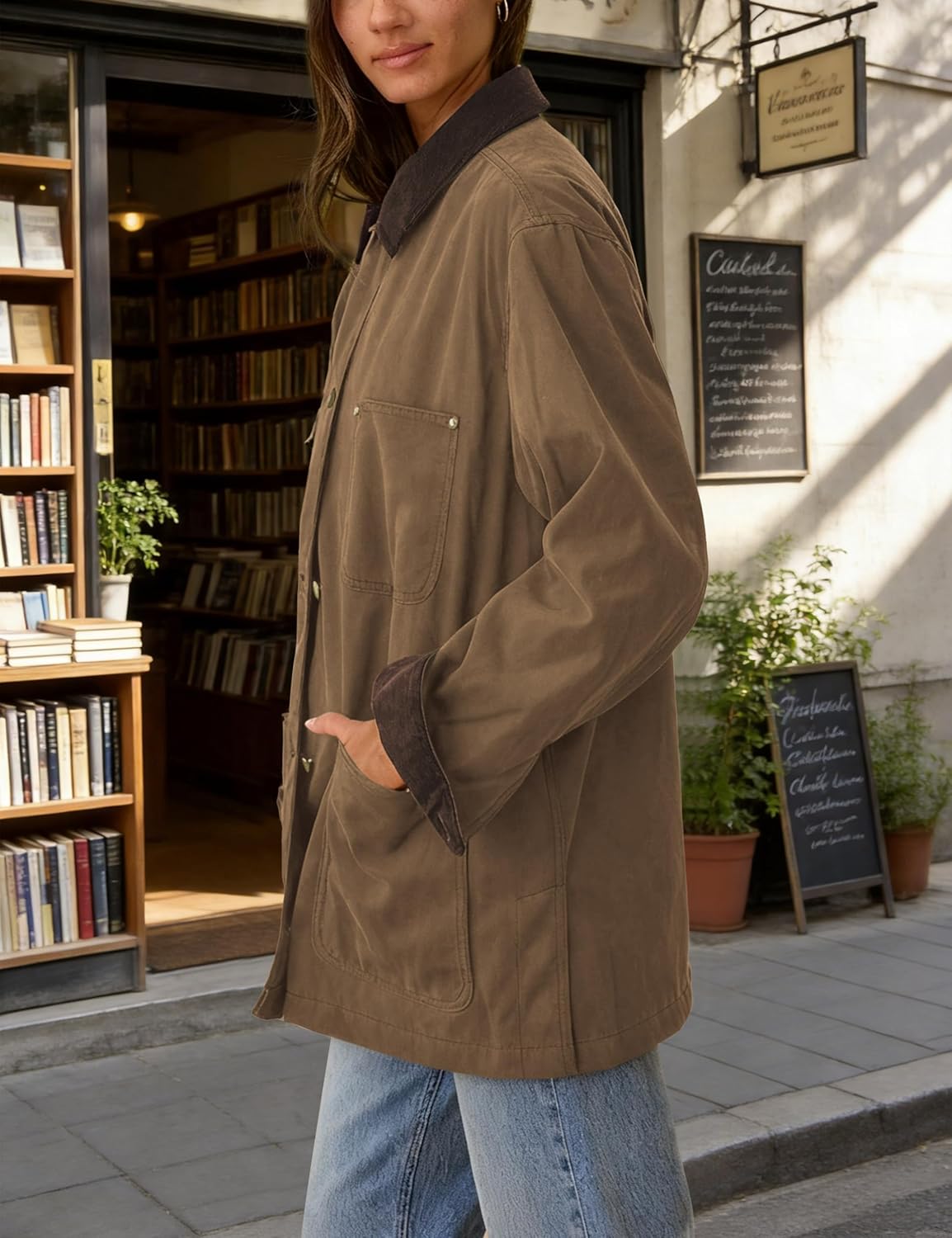 GTLIAE Barn Jackets for Women 2025 Fall Oversized Utility Cotton Coat Corduroy Collar Vintage Workwear with Pockets - Image 2