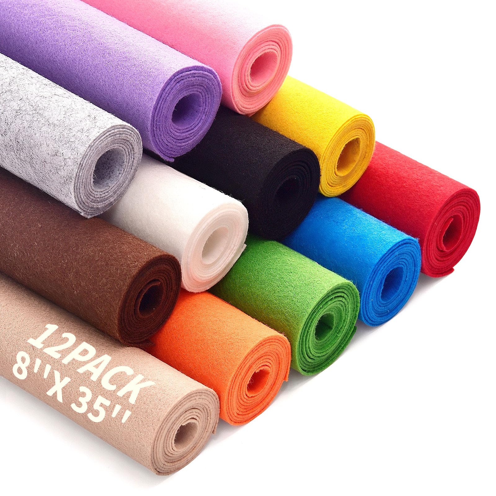 Large Stiff Felt Sheets Bundle Felt Fabric Sheets for Crafts 12 Rolls 8"x35" Soft Rainbow Color 12 Assorted Colors Felt Pack for Kids DIY Craft Sewing Squares Nonwoven Patchwork (Classic)