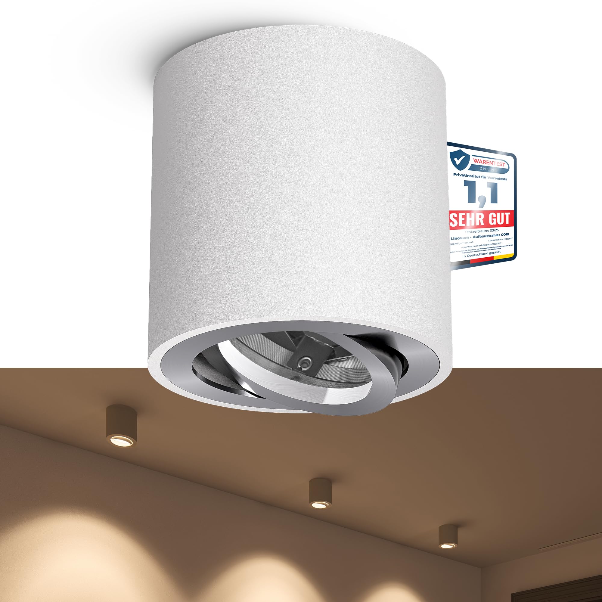 linovum CORI schwenkbarer Aufbaustrahler weiß & Alu gebürstet mit Ø 8 cm - runder Deckenaufbauleuchte für GU10 & LED Module