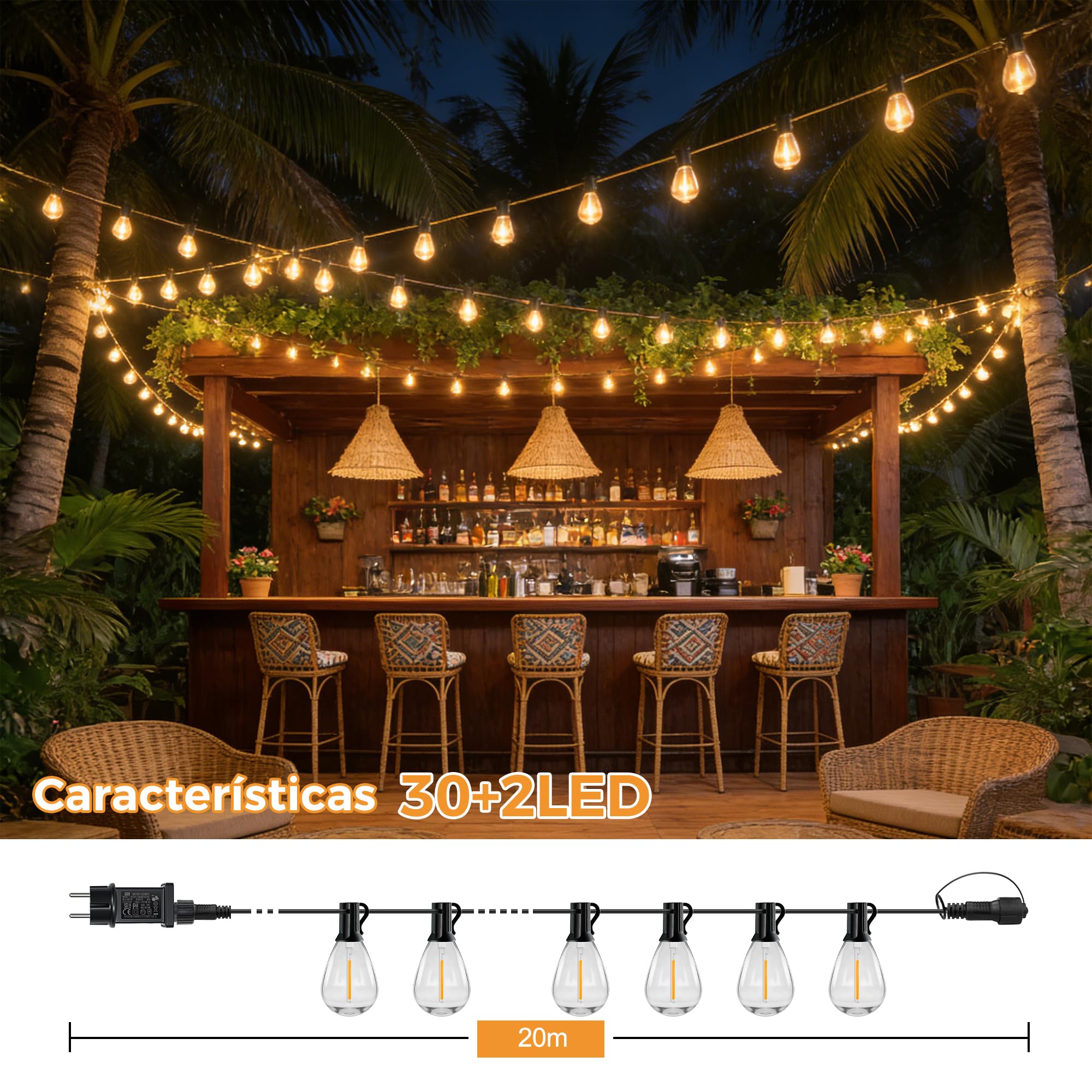 HeiPard Guirnalda Luces Exterior 20m Control Remoto, 30+2 Bombillas LED, IP45 Luces LED Exterior para Jardín, Terraza, Patio