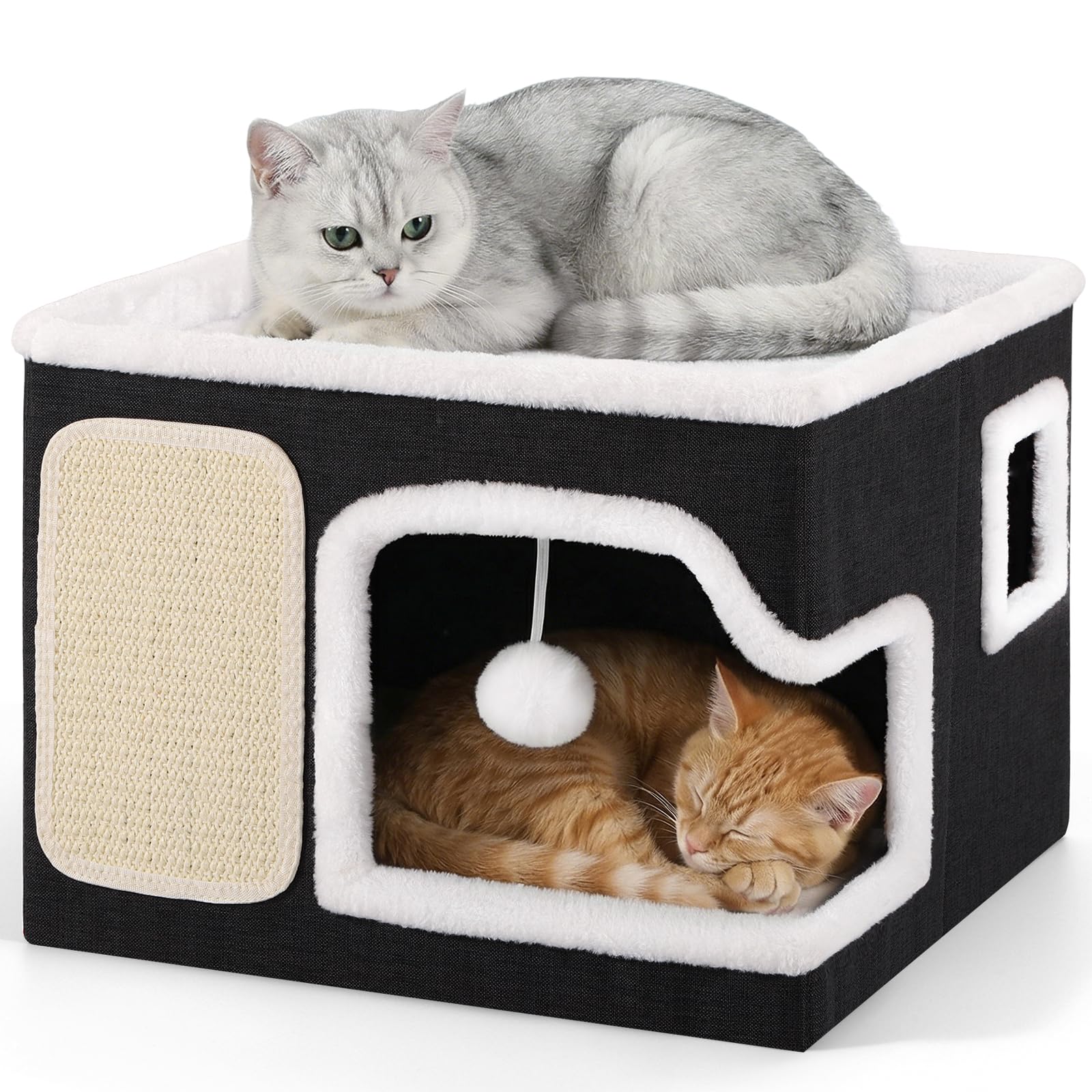 Shikha Cat House for Indoor Pets, 2 Layer Large Cat Cave with Cozy Condo, Scratch Board and Fluffy Ball, Foldable Cat-Bed, Kitten Hideaway With Double-Sided Soft Cushions for All Seasons, Black-Grey