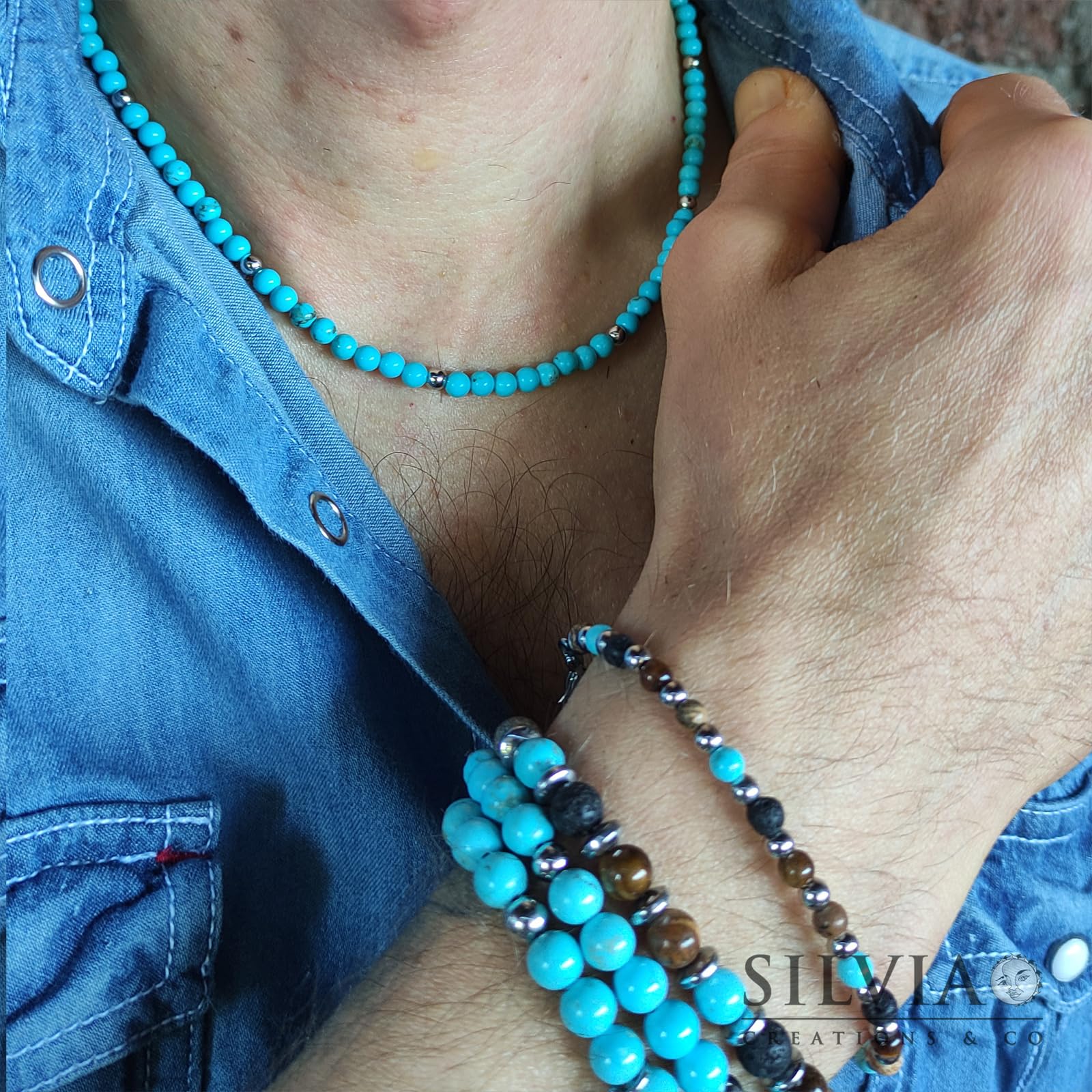 Collana Uomo con Perle di Turchese 4 mm e Perle Acciaio