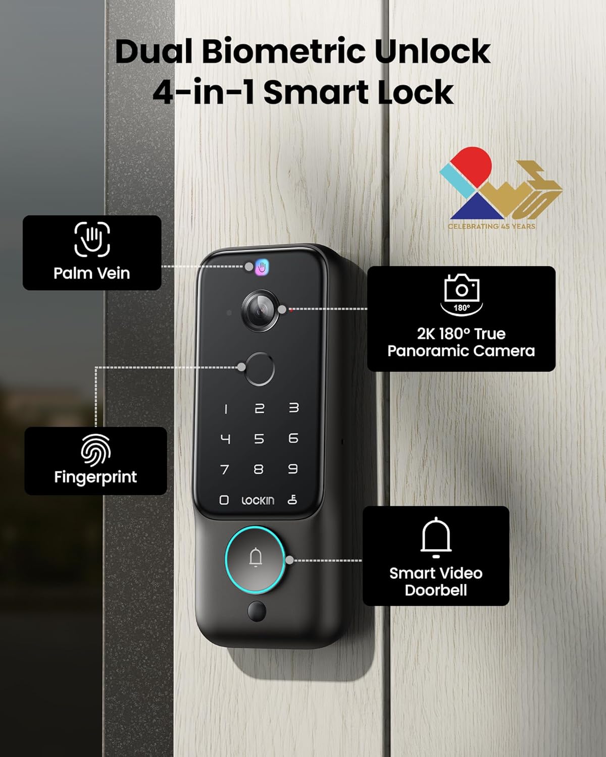 Lockin Veno Plus Smart Lock with 2K 180° Security Camera & Video Doorbell, AI Local Storage, Palm Vein/Fingerprint Keyless Entry Door Lock, Smart Locks for Front Door Bulit in Wi-Fi, App Control