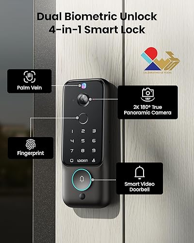 Miniatura 3 de Lockin Veno Plus Smart Lock with Dual Swappable Batteries, 6-Month Power, 2K 180° Camera & Video Doorbell, Palm Vein/Fingerprint Entry, Built-in