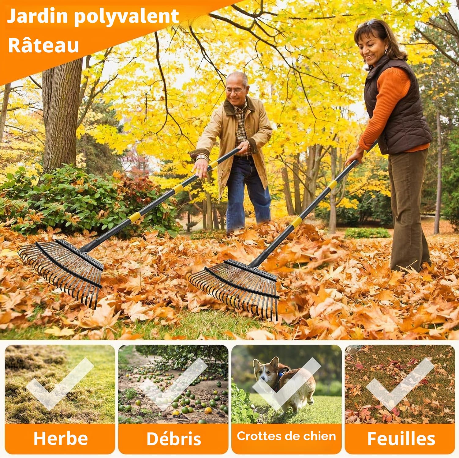 FLY HAWK Râteau à Feuilles, 165cm Râteau de Jardin avec Manche Réglable et 25 Dents Renforcées, 45cm Grande Surface Râteau de Jardin pour Nettoyer Plantes, Pelouse et Cour
