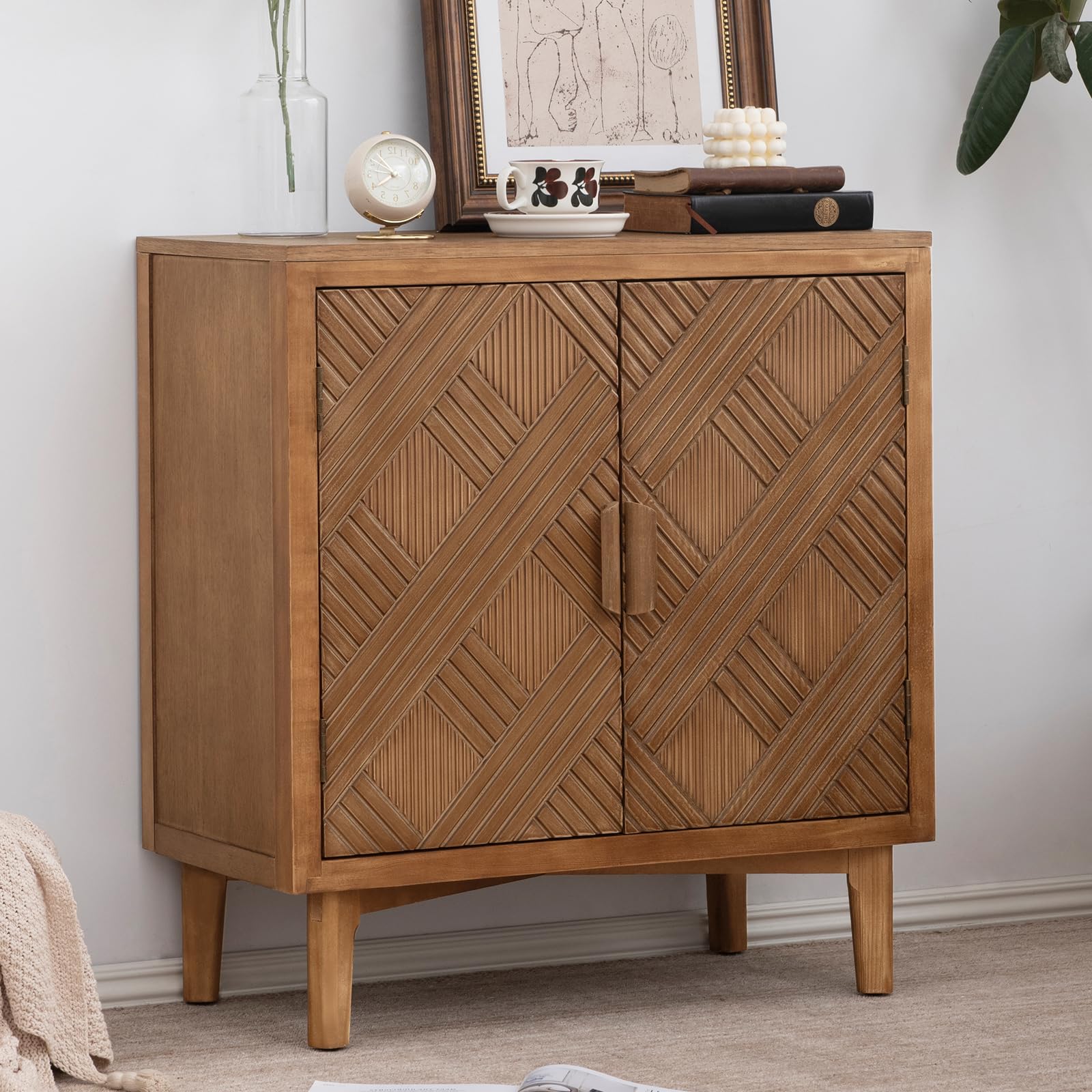 Ahokua Mid-Century Modern Accent Cabinet with Doors, Wooden Sideboard with Unique Woven Pattern Design, Rustic Buffet Storage Cabinet for Living Room,
