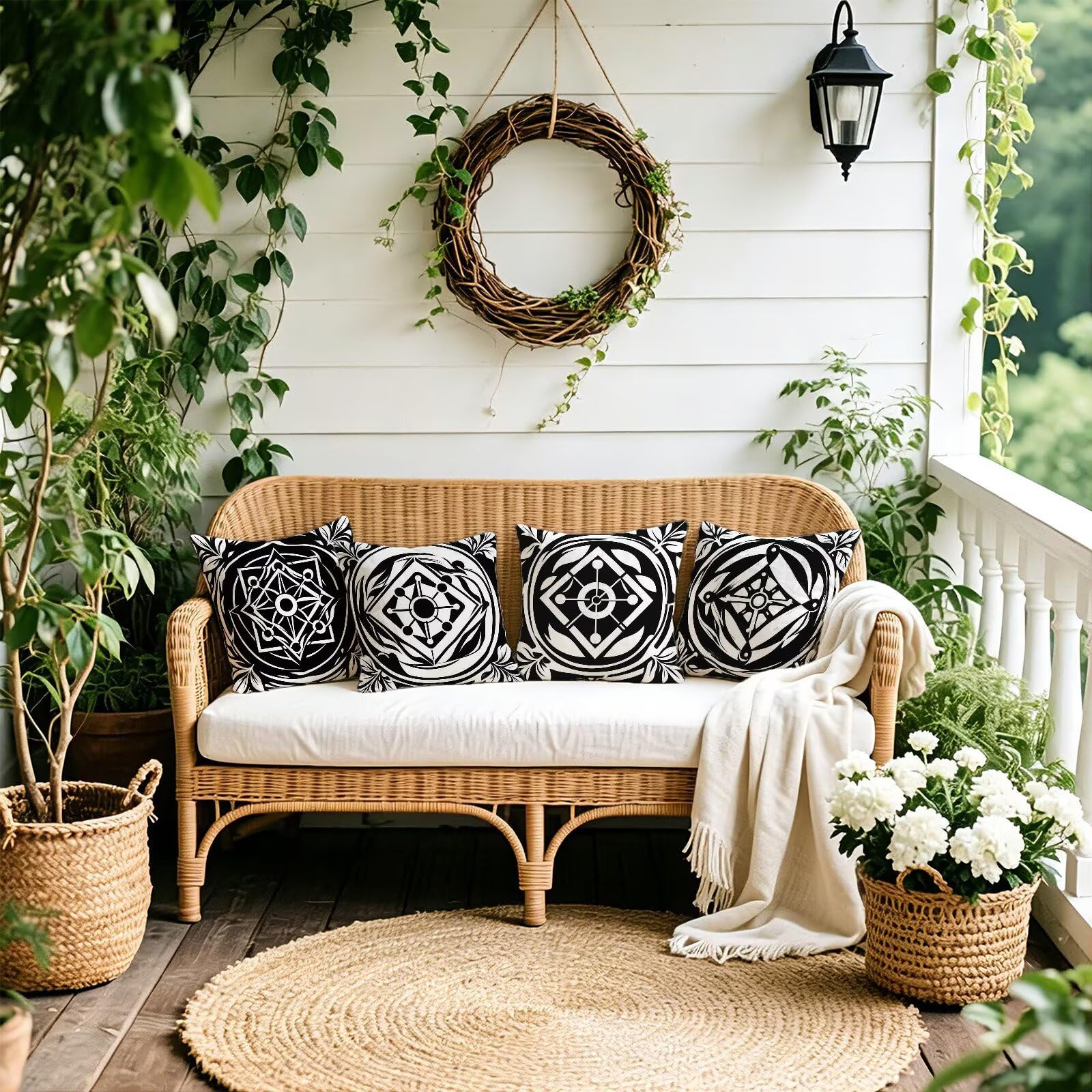 Coussin Exterieur Impermeable Noir, Taie Oreiller 45x45 Set de 4, Cod-3274