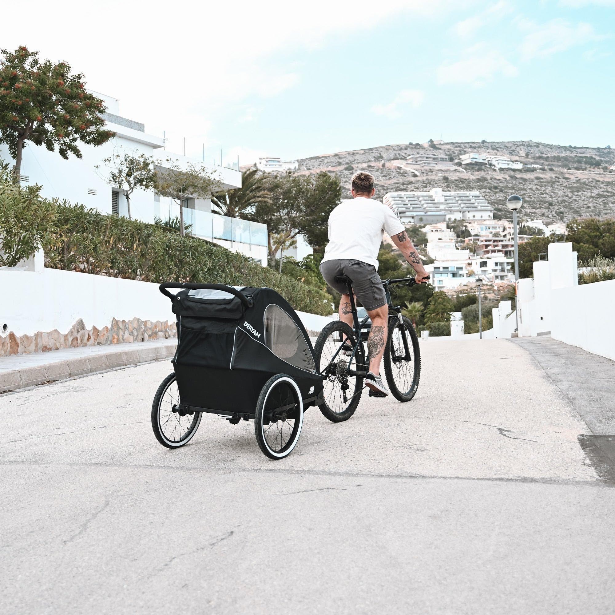 Deryan Luxus 3-in-1 Rimorchio per Bicicletta per 1 Bambini – Rimorchio per Bicicletta, Passeggino & Jogger – Passeggino Multifunzionale con Cintura a 5 Punti – Nero