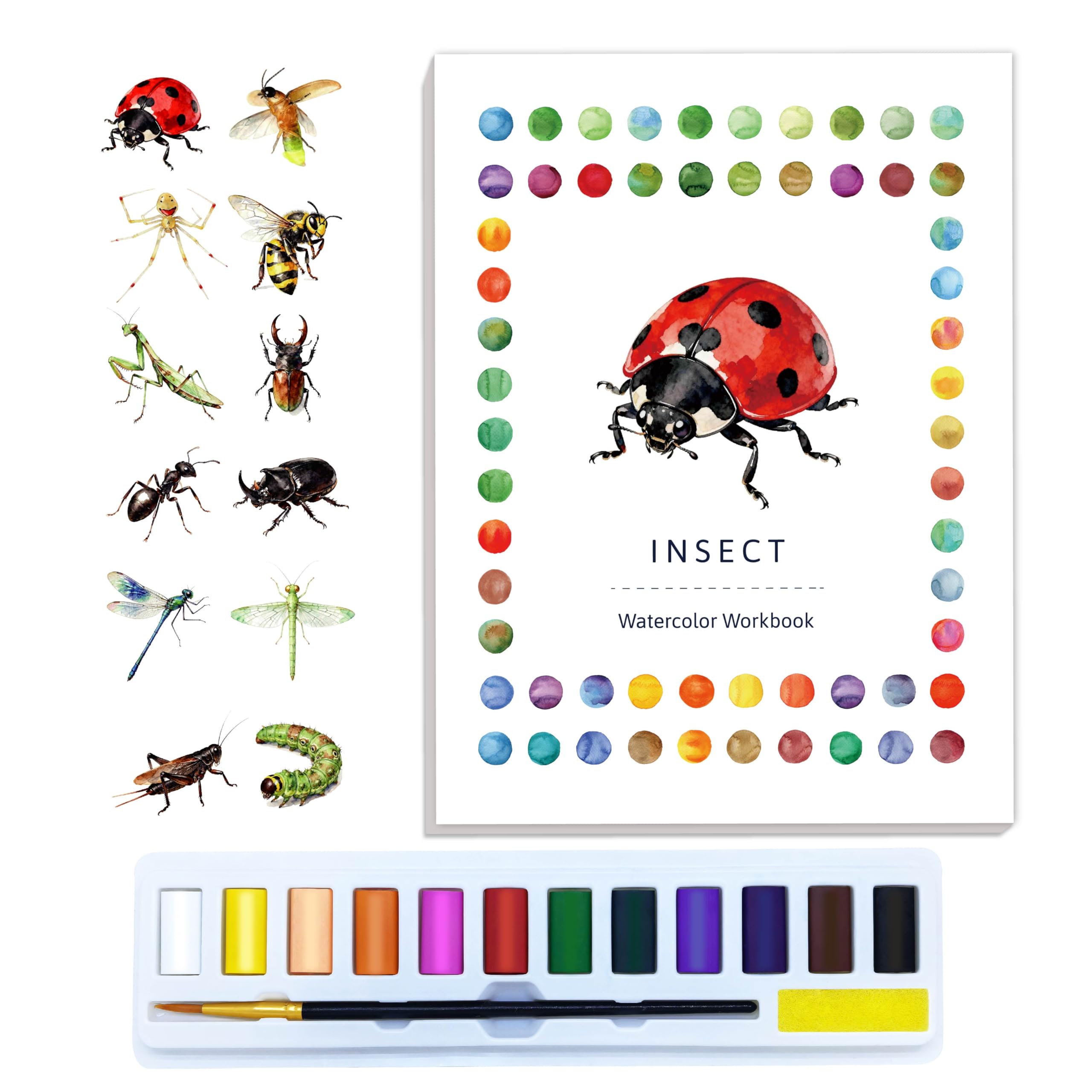 CraftyManor Watercolor Workbook Creative Insect Water Color Paint Book Set with Paints & Brush, 12 Patterns of Original DIY Designs, Beginner-Friendly Adult Coloring Books (Insect)
