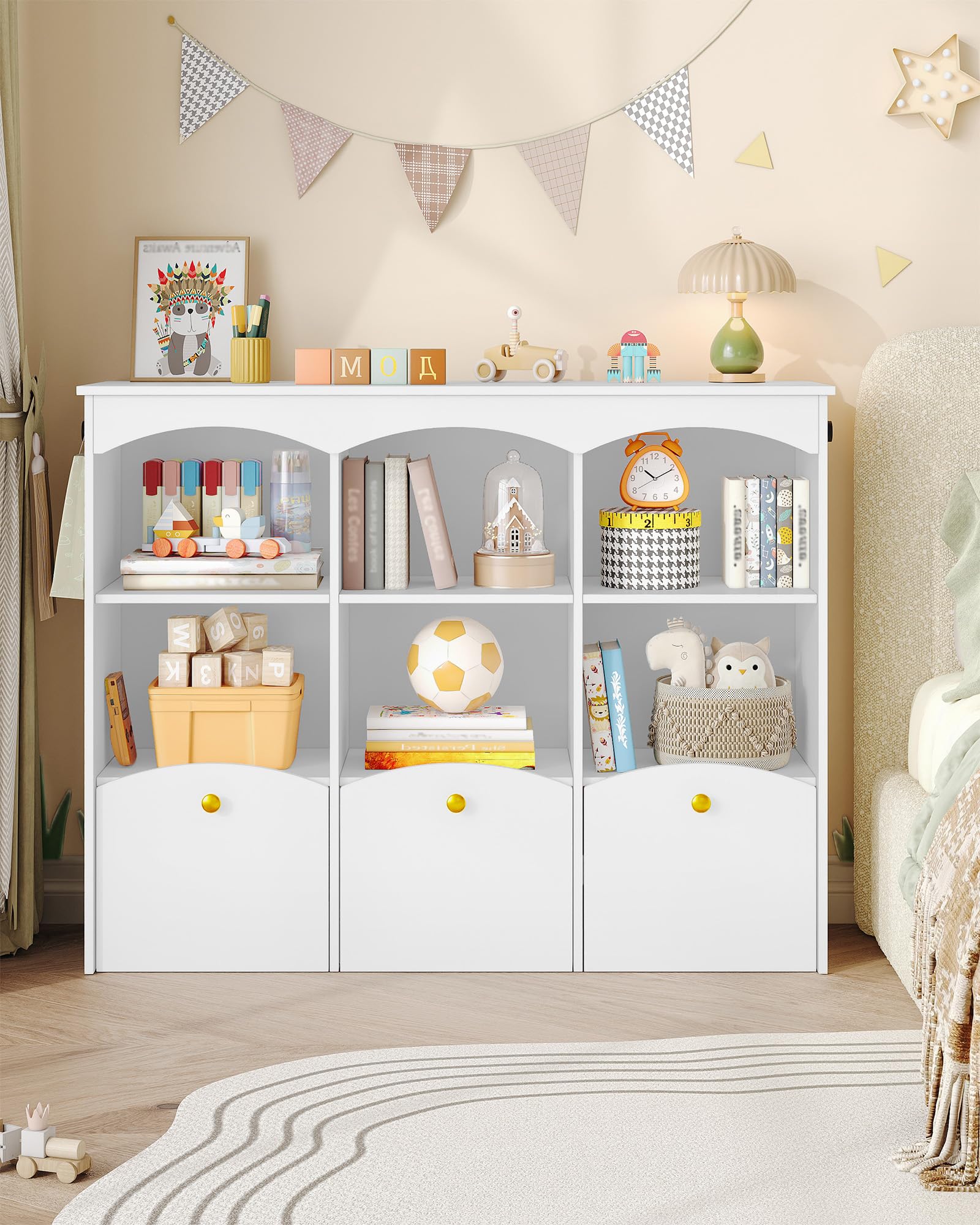 Hzuaneri Kinderregal 103 cm Breite, Kinderzimmer Möbel Weiß | Kinderregal mit 3 Rollboxen, 6 offene Fächer, Spielzeug Aufbewahrung, für Kinderzimmer Wohnzimmer, 30 x 103 x 80 cm, KB33303X