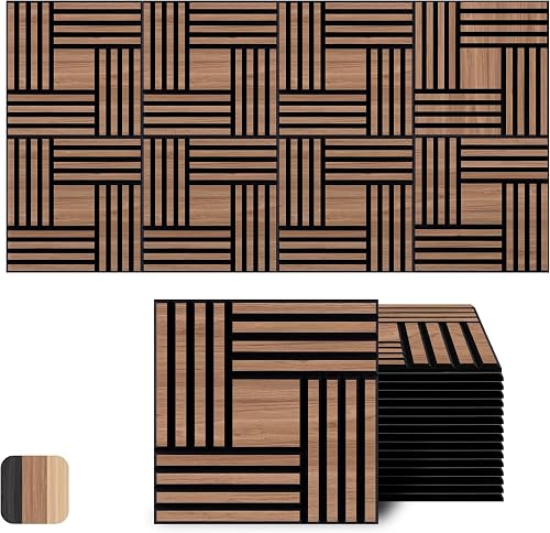 WoveN SounD 어쿠스틱 벽 패널, 티크, 16팩, 30.5x30.5cm(12x12인치) | 자체 접착, NRC 0.95, 조각 패턴, 방음, 에코 감소, 소음 감쇠, 홈 스튜디오, 사무실, 게임 룸