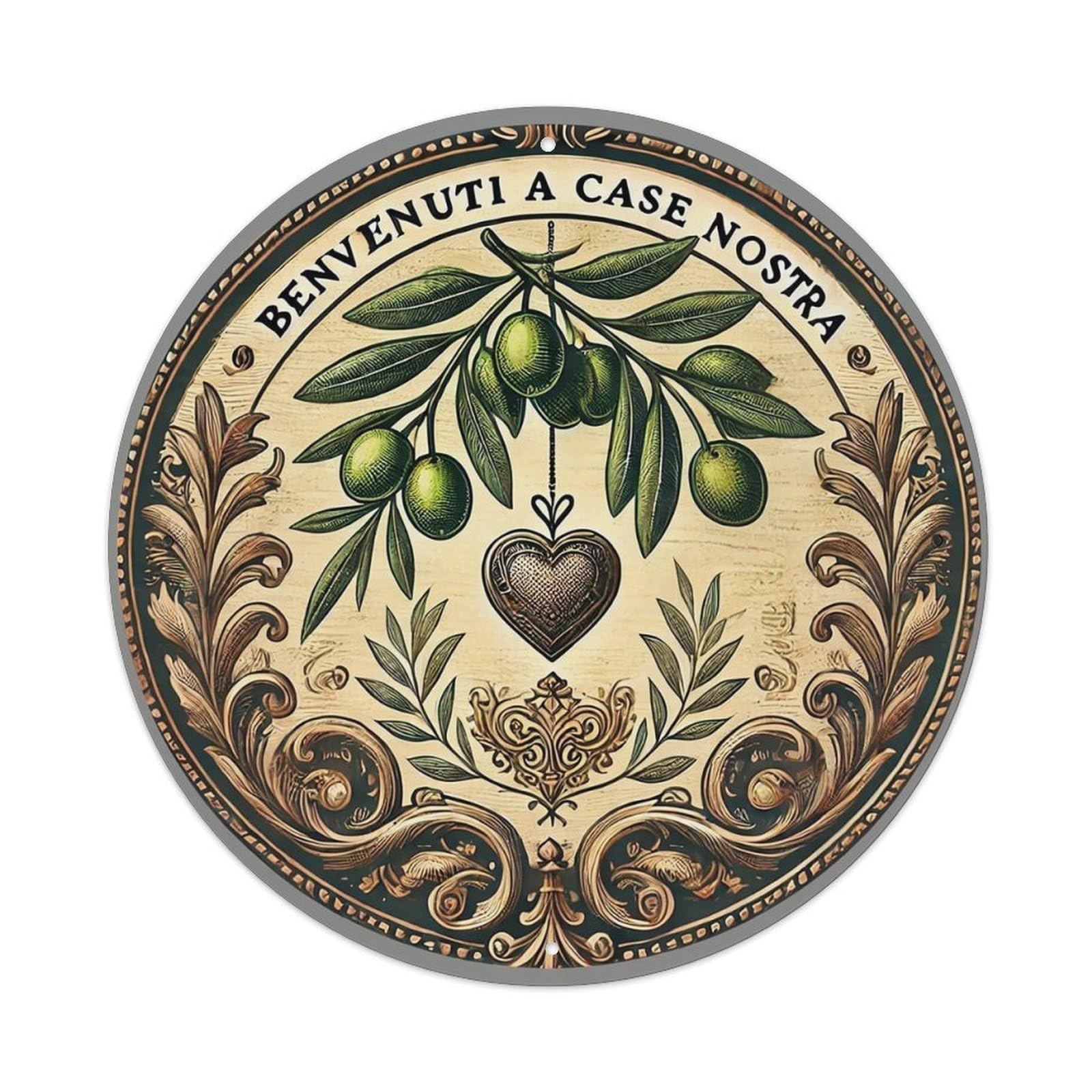 Olive Branch Heart Ornament Design Vintage Round Tin Sign Retro Metal Wall Decor Metal Poster, Home Bar Garage Cafe Wall Art Decoration 8x8Inches