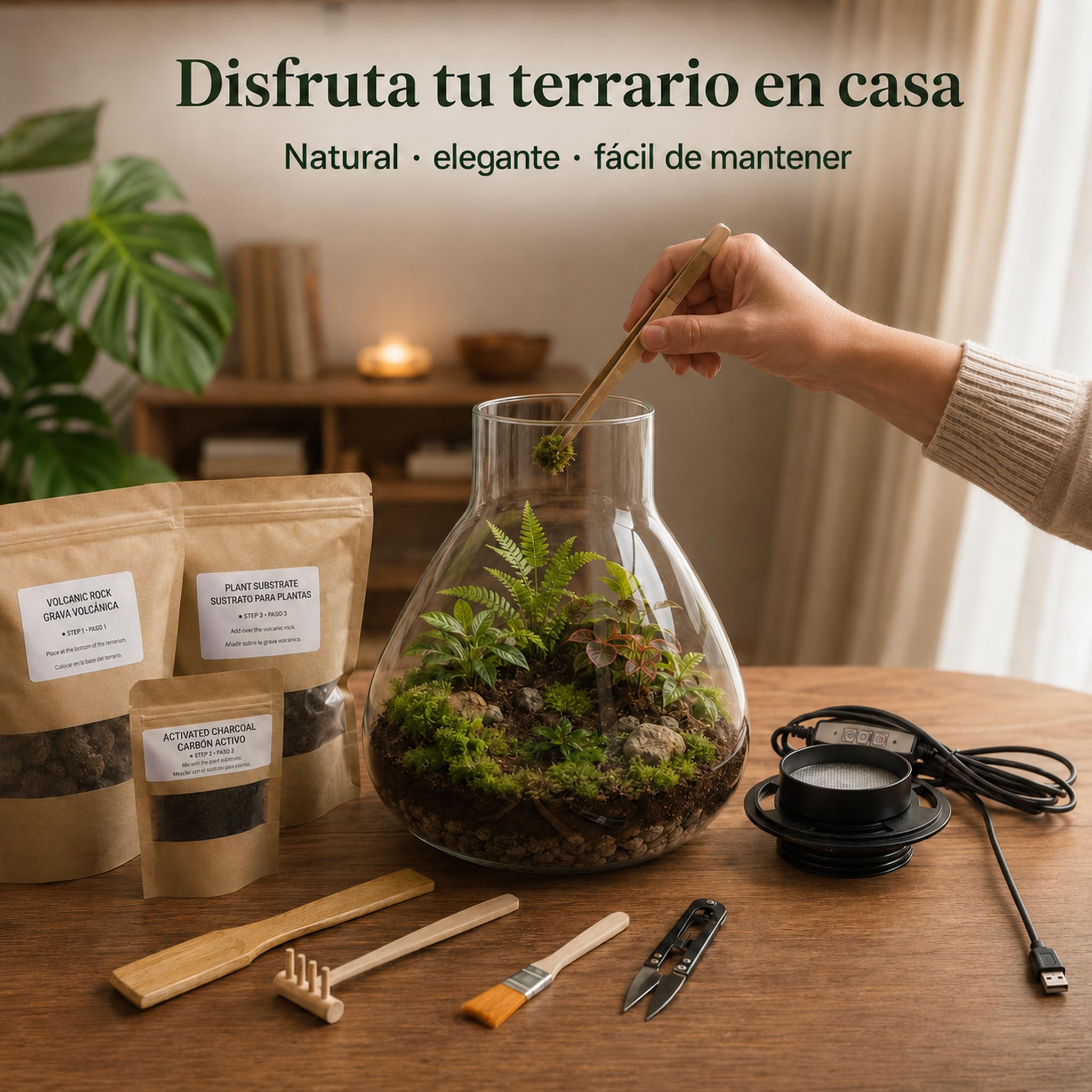 Kit Terrario XL Completo con Luz Smart LED para Jardín Eterno | Kit XL con recipiente 4L, luz Smart LED, herramientas, sustrato, grava, carbón activo y bote de riego antisalpicaduras