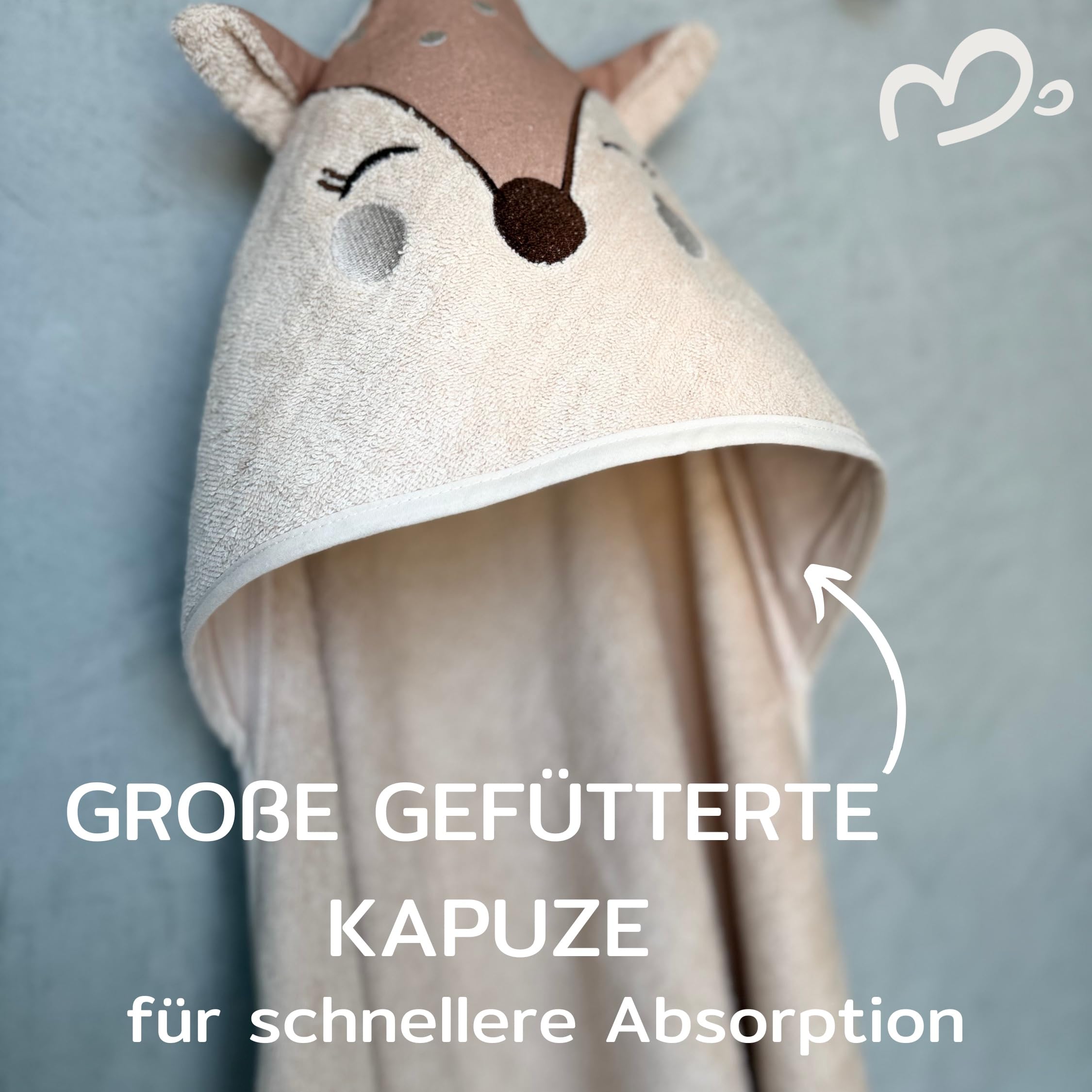 Babyhandtuch mit Kapuze und Waschlappen 100x100 cm – Handtuch Rentier aus 100% Baumwolle - REH Badetuch mit Kapuze - Geschenk Geburt - Baby Erstausstattung Neugeborenen Set