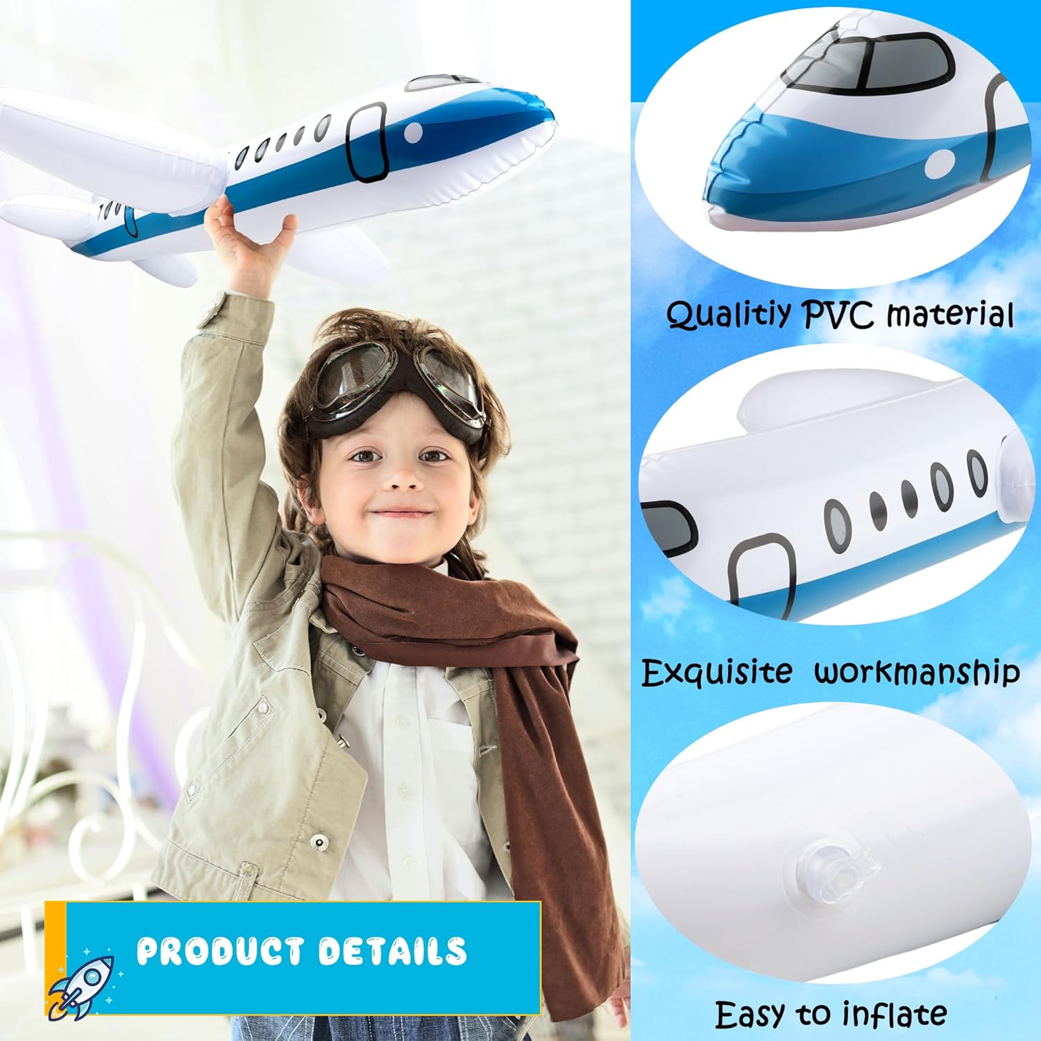 3 Pcs 40 Inch White Large Inflatable Airplane Blow Up Airplane Balloon Plane Inflated Toys for Birthday Party Shower Outdoor Swimming Pool Decorations